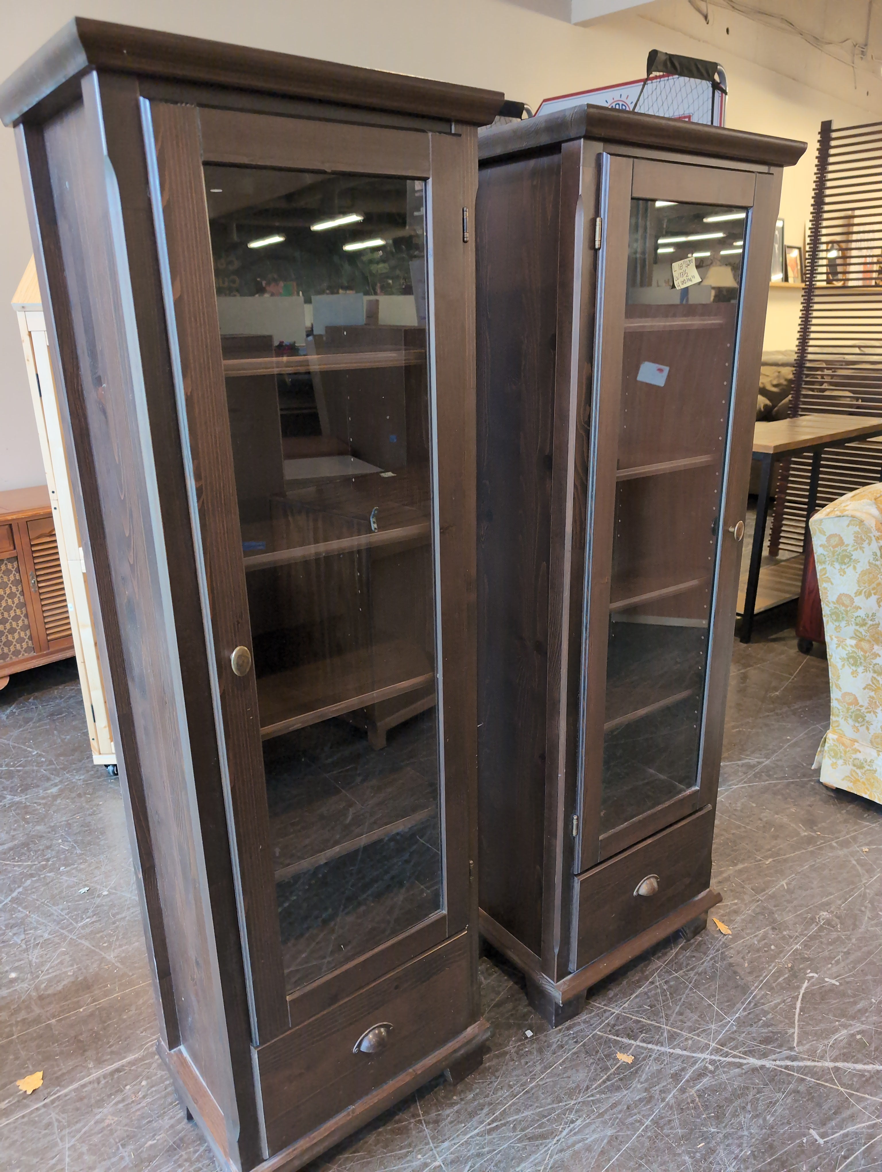 Pair Dark Brown Wooden Display Cabinet with Glass Doors