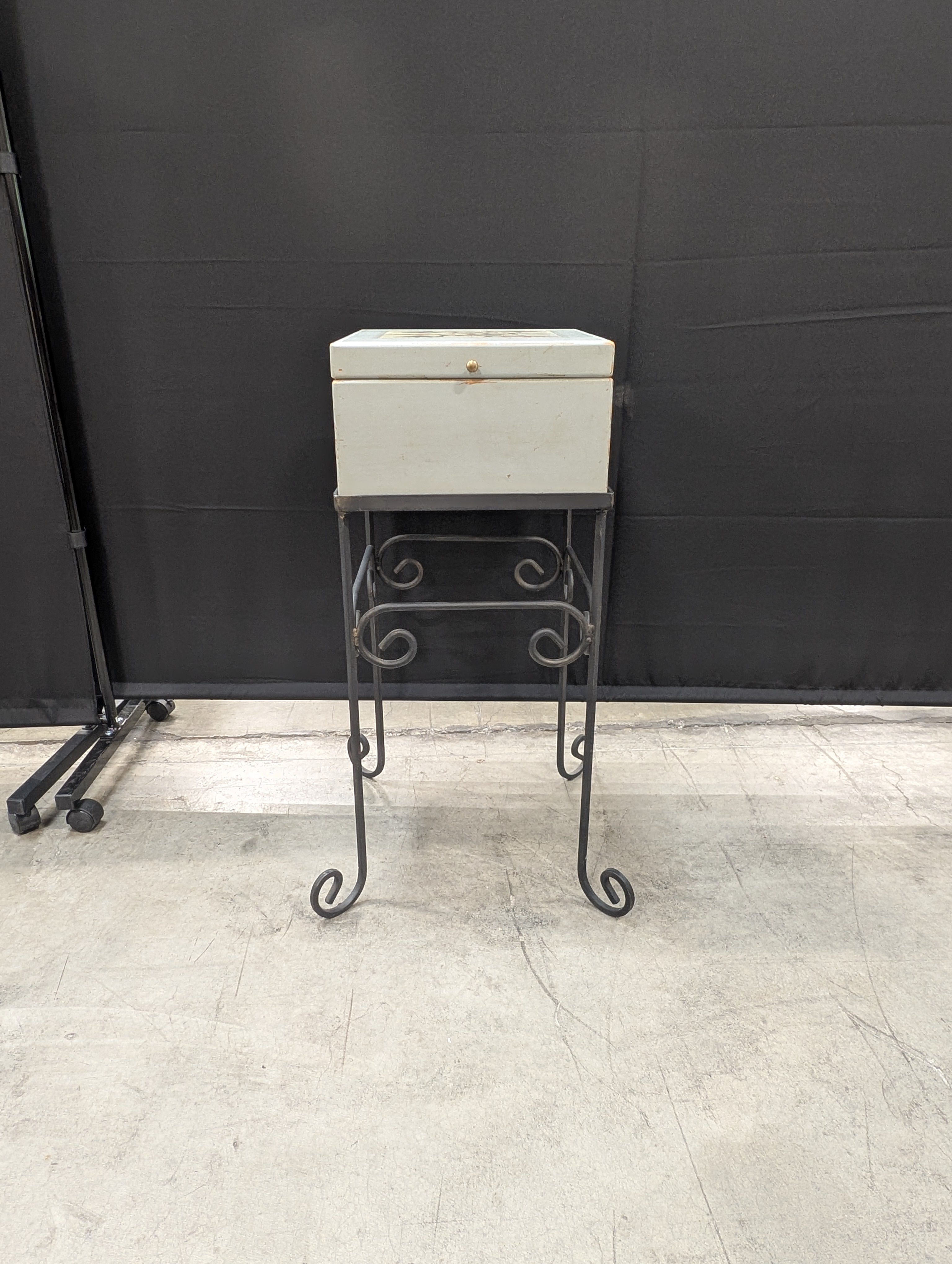 Decorative Wooden Box with Fish Motif on Wrought Iron Stand