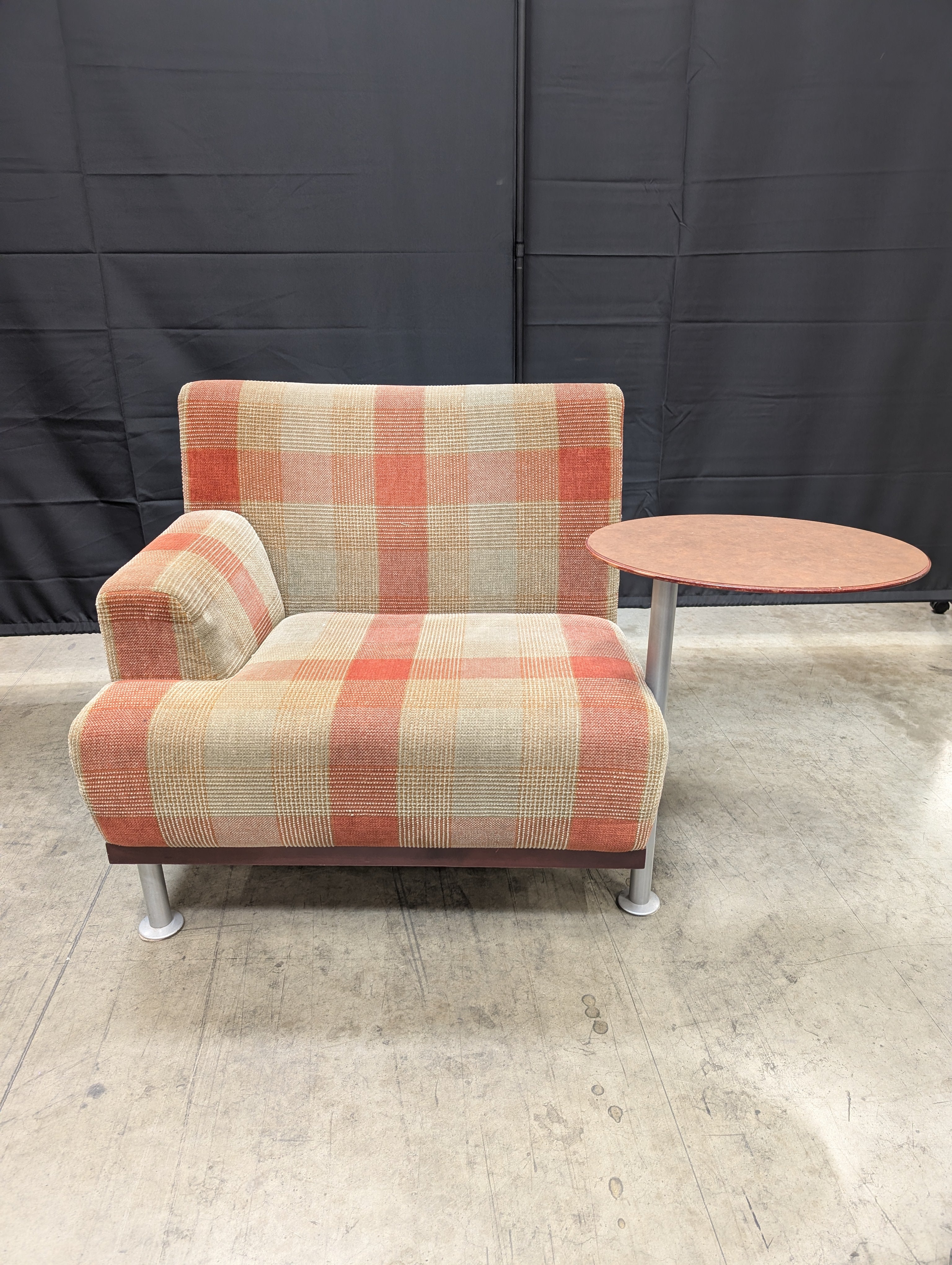 Retro Plaid Upholstered Lounge Chairs with Integrated Side Tables