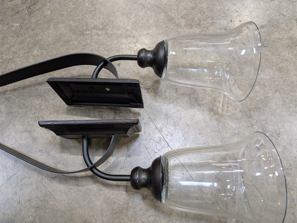 Pair of Rustic Black Metal and Clear Glass Wall Sconces