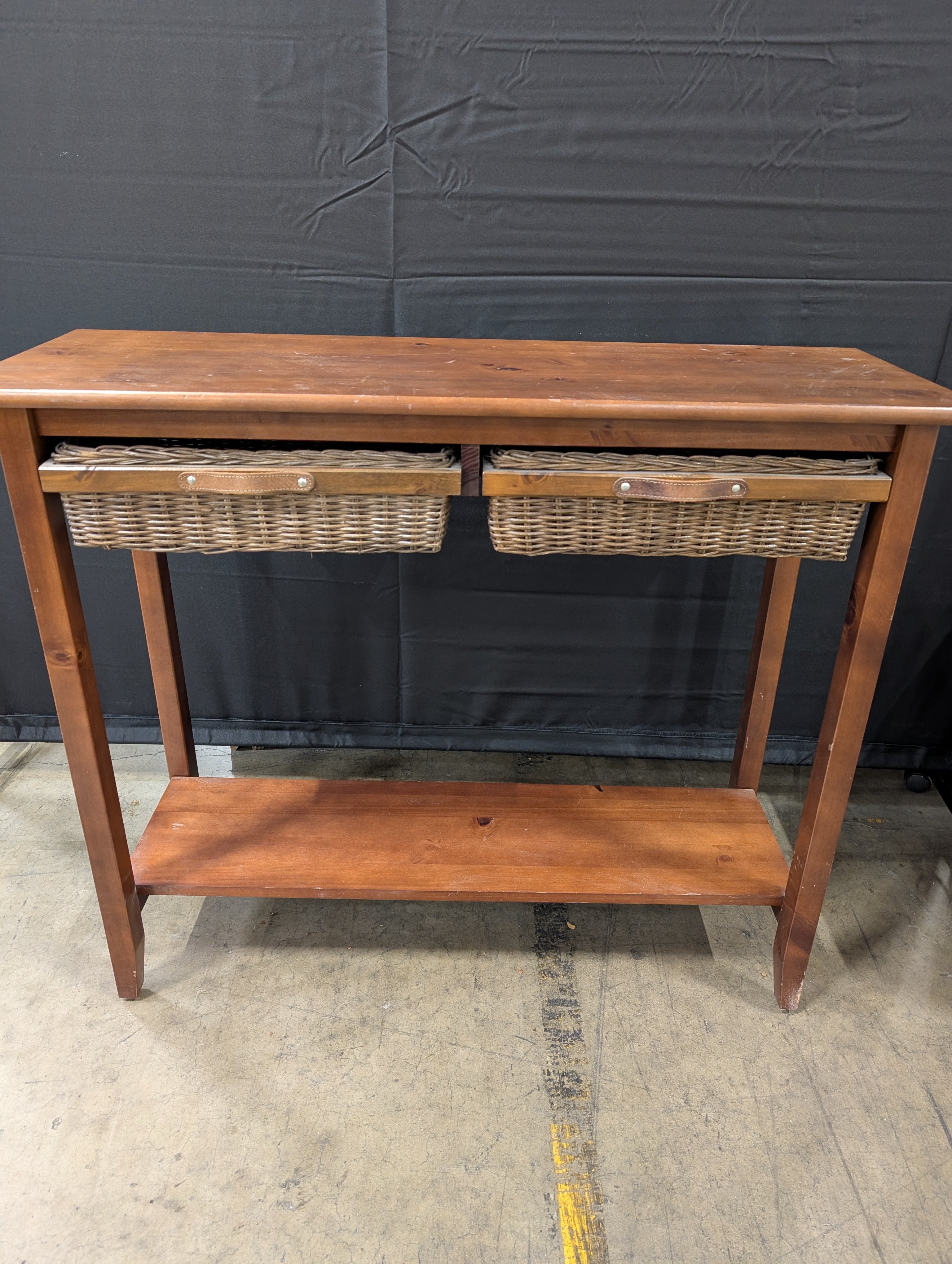 Rustic Wood Console Table with Woven Drawers and Lower Shelf