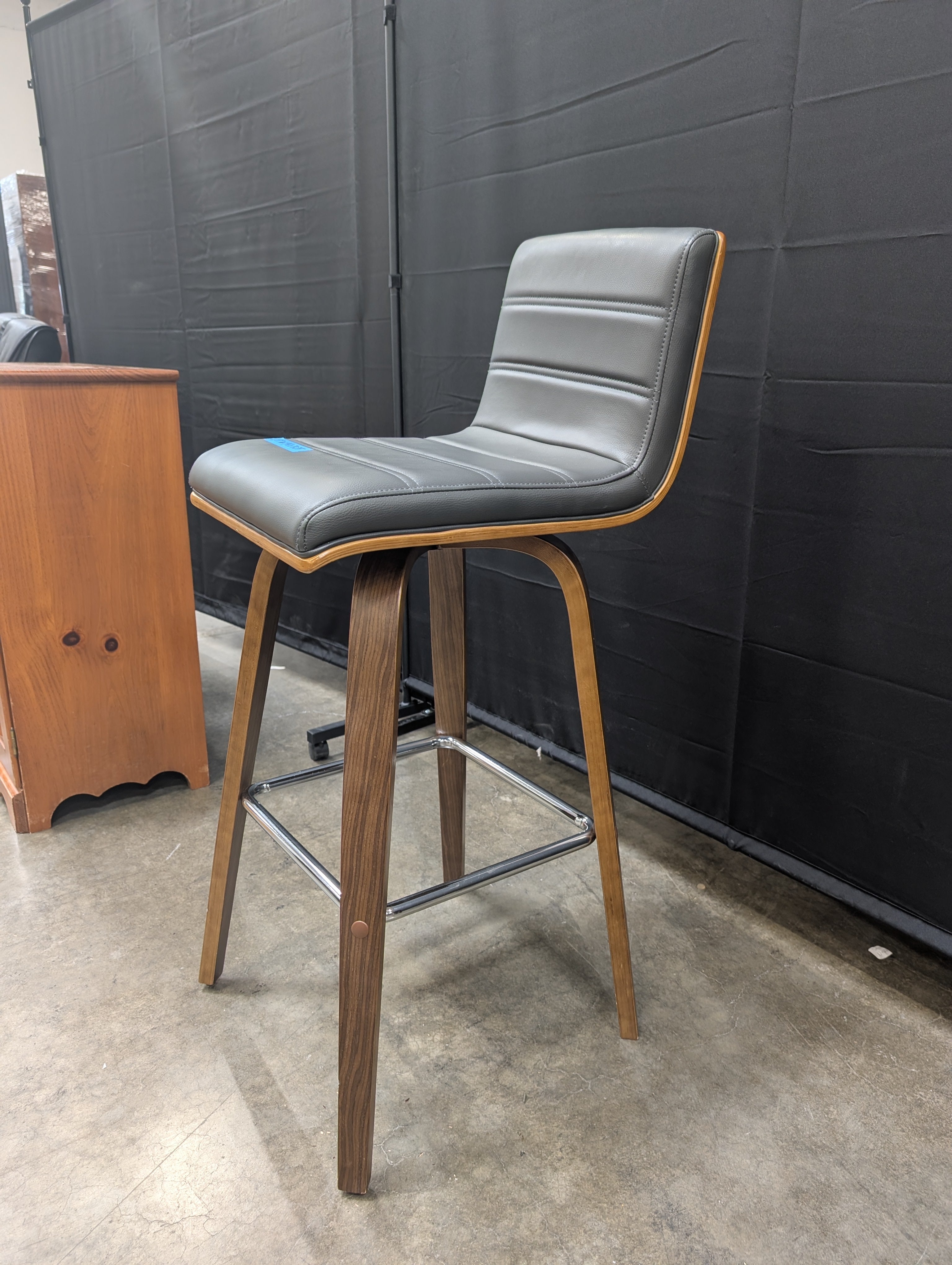 Grey Channel-Tufted Bar Stool in Walnut Wood
