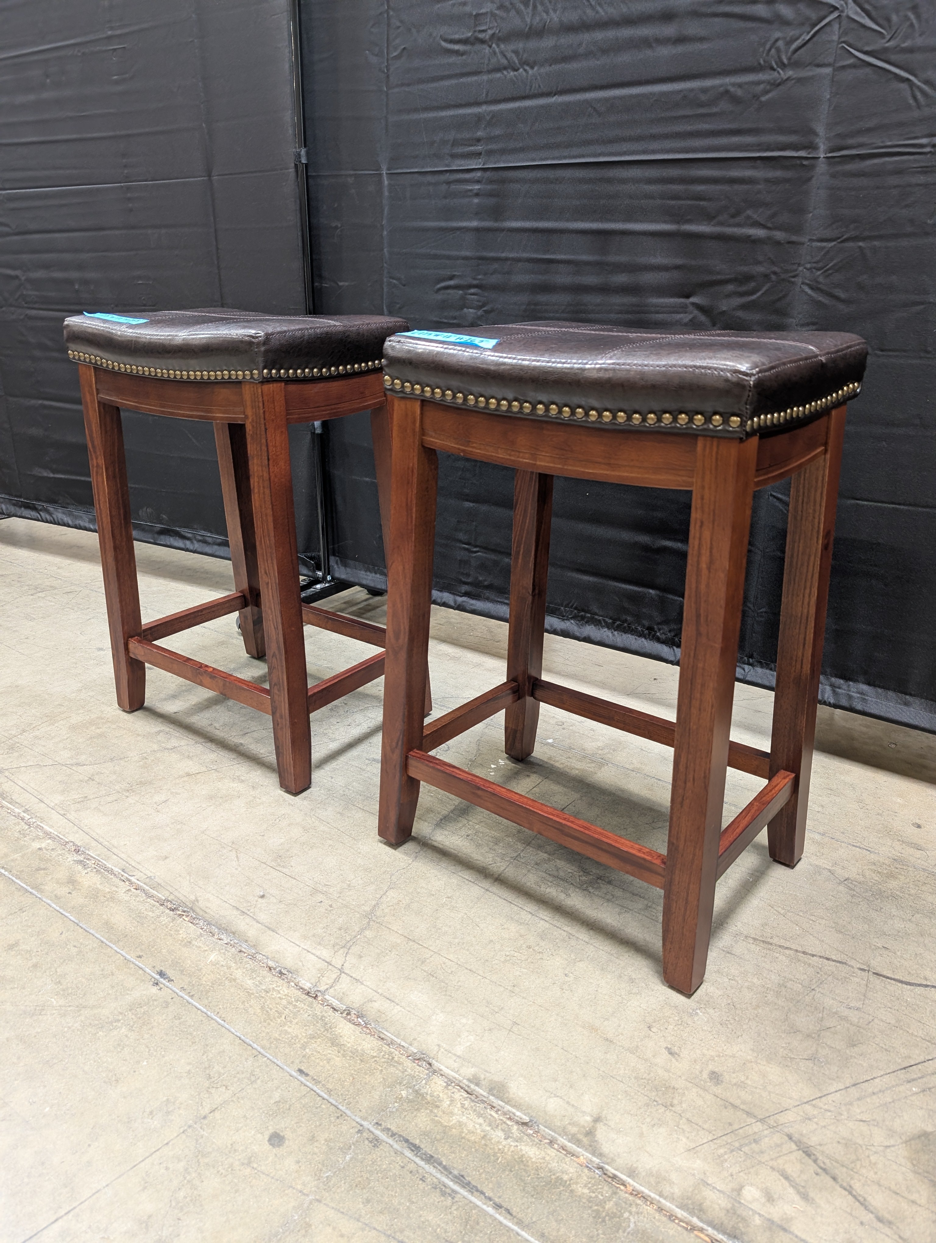 Pair of Brown Wood Frame Barstool with Nailhead Trim