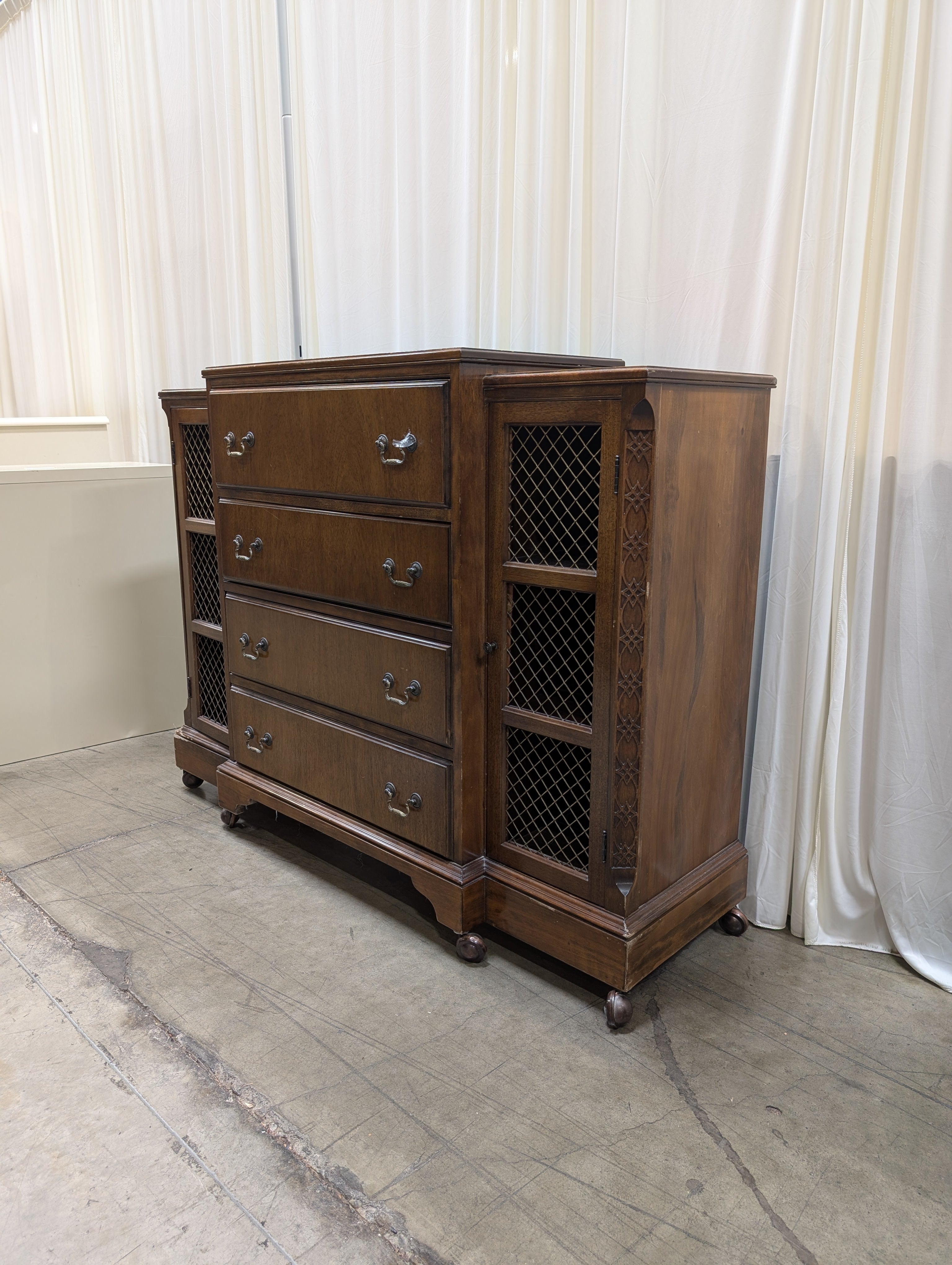 Vintage Stepped Top Wood Secretary Desk with Mesh Doors