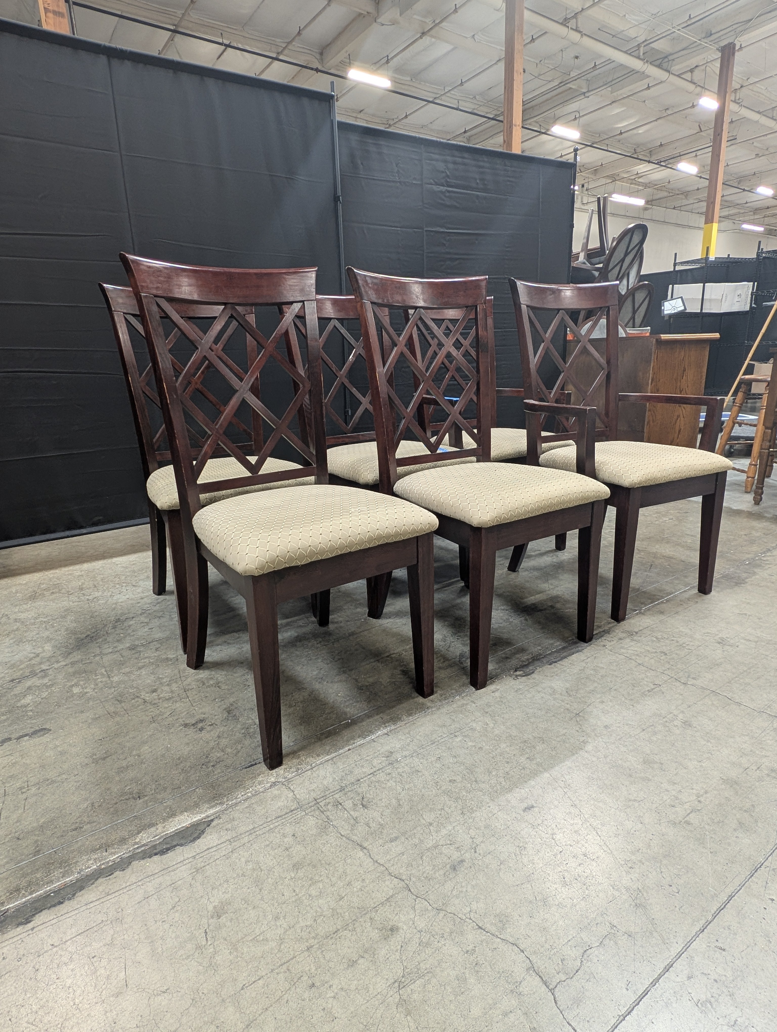 Set of Six Dark Wood Lattice Back Dining Chair