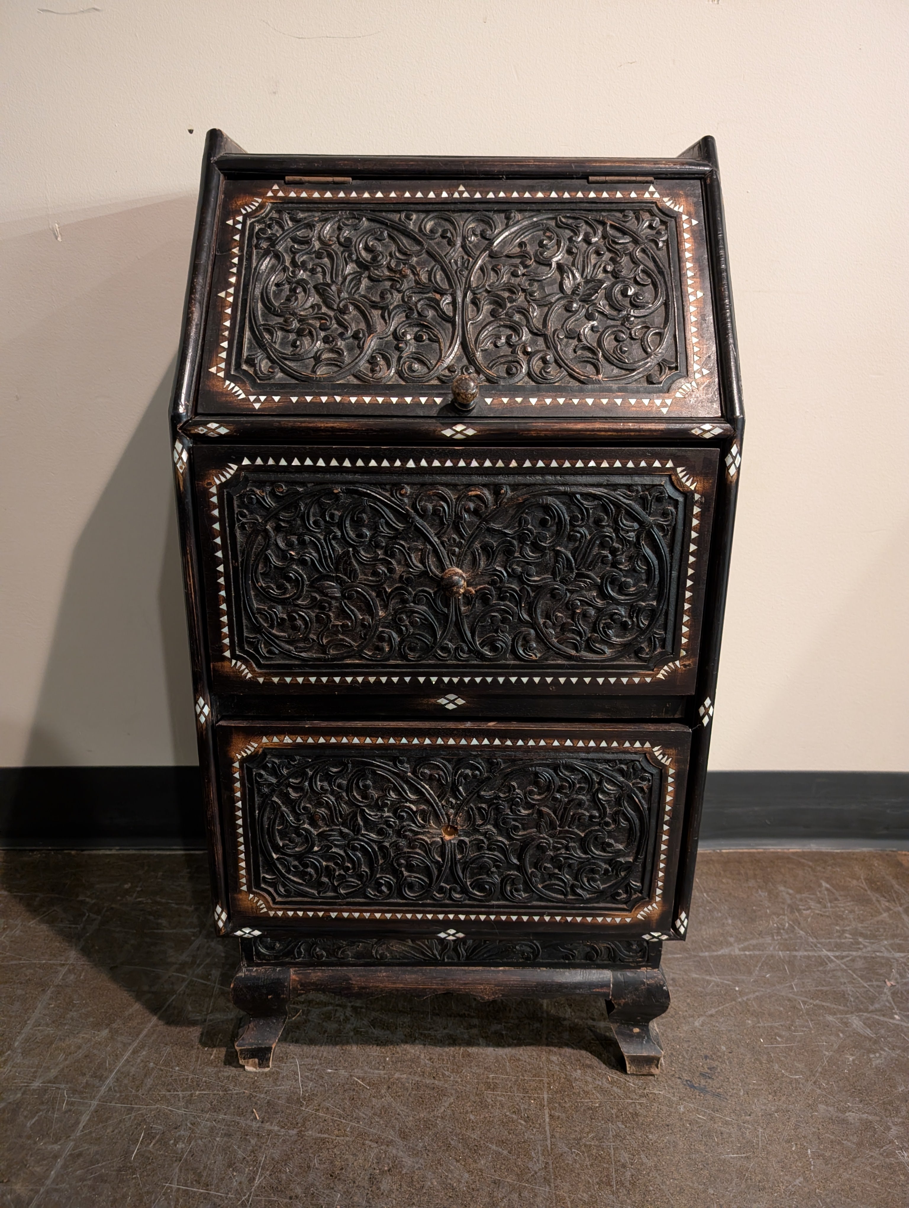 Intricate Carved Dark Wood Inlay Secretary Desk