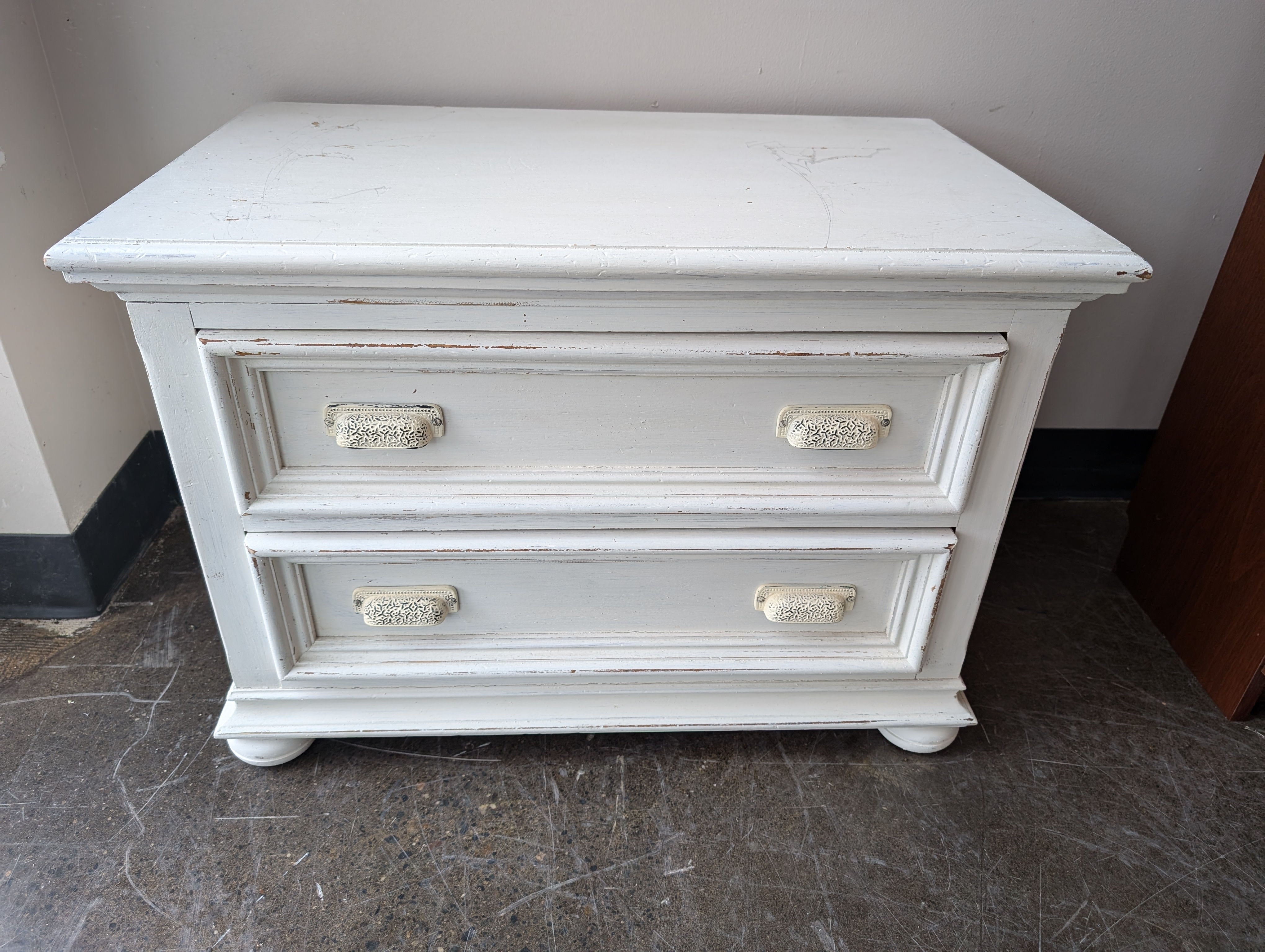 Drexel Distressed White Two-Drawer Bedside Table with Decorative Hardware