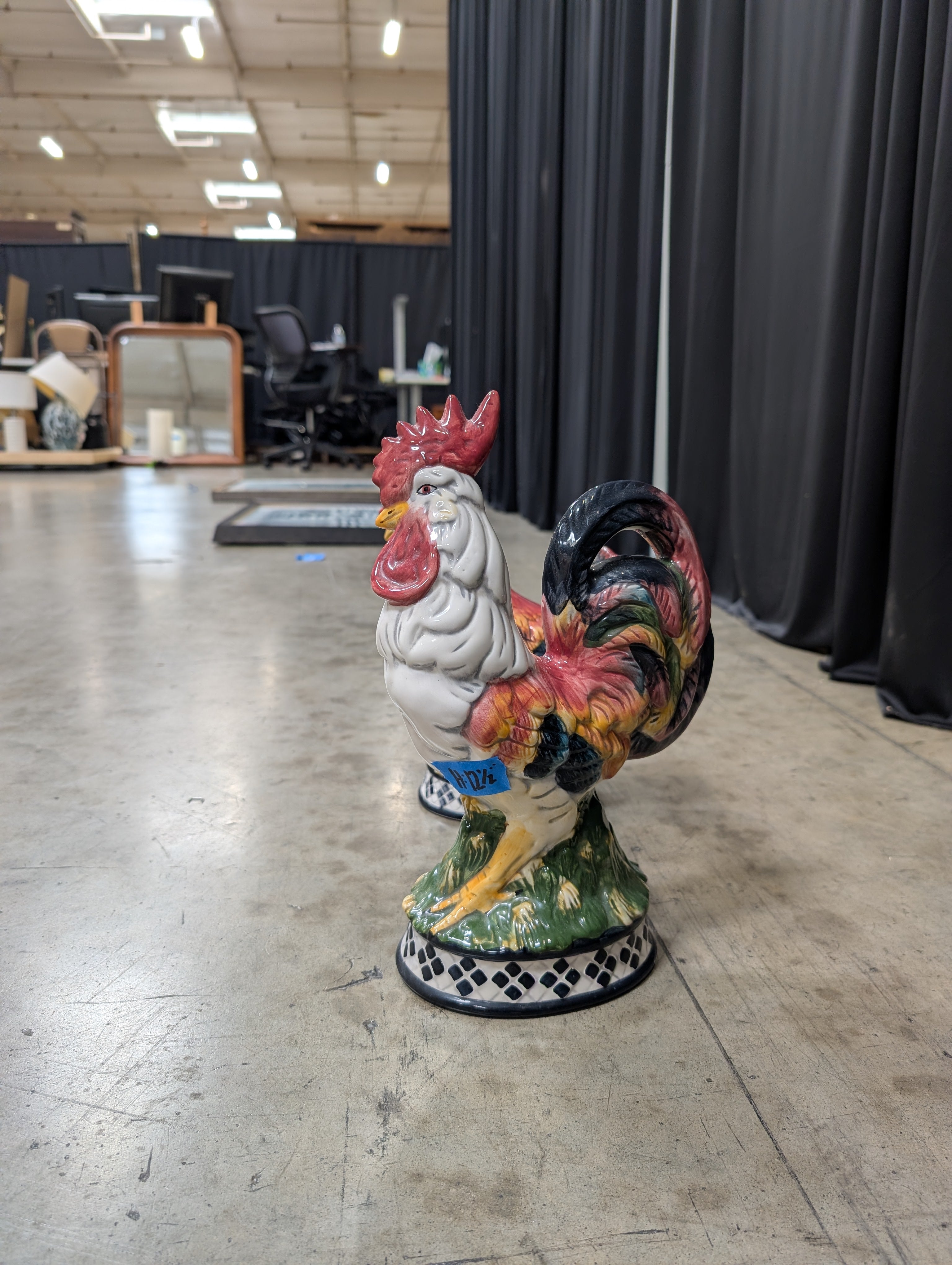 Colorful Ceramic Rooster and Hen Figurines with Checkered Base