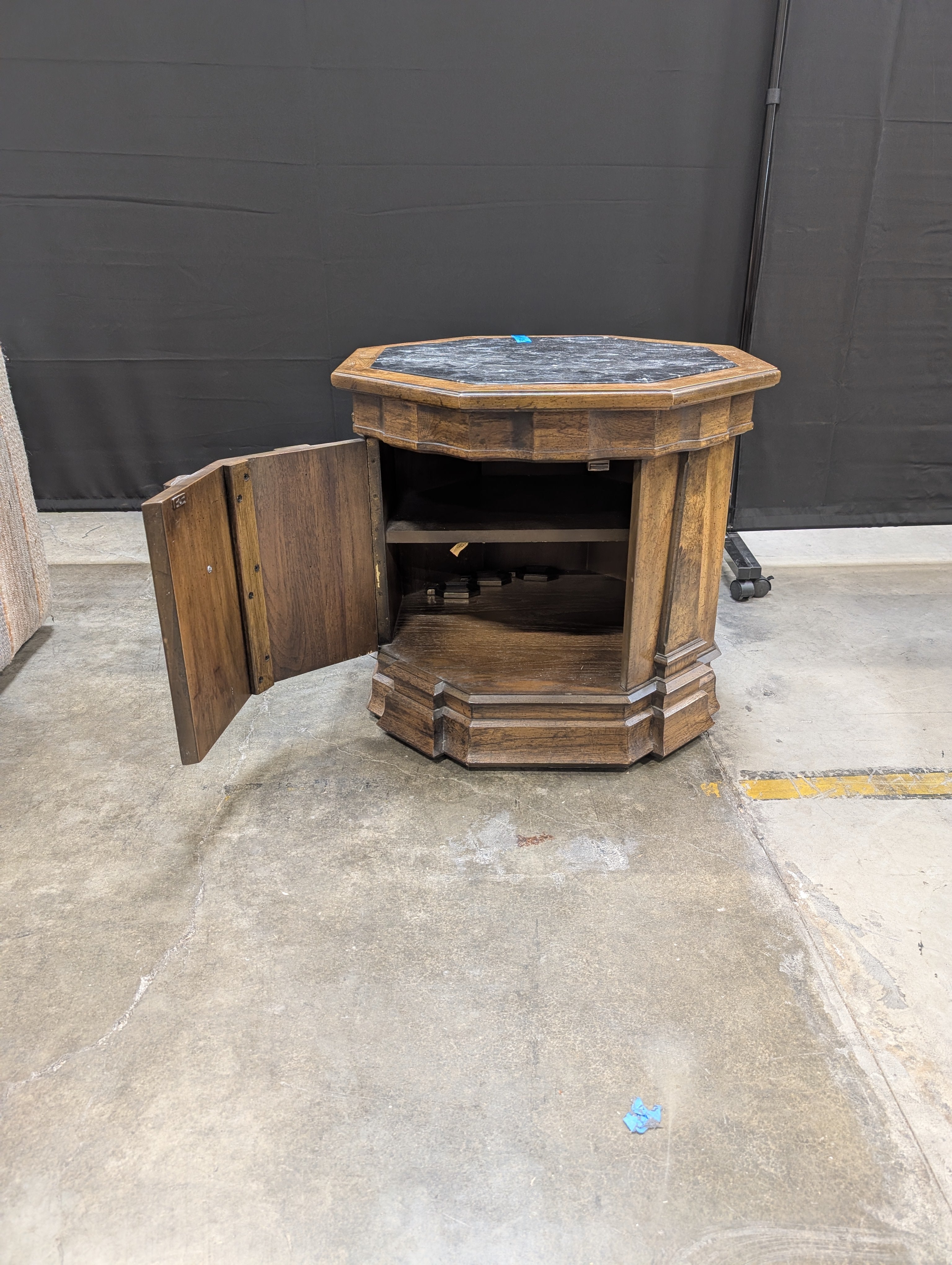 Octagonal Dark Wood End Table with Black Textured Top