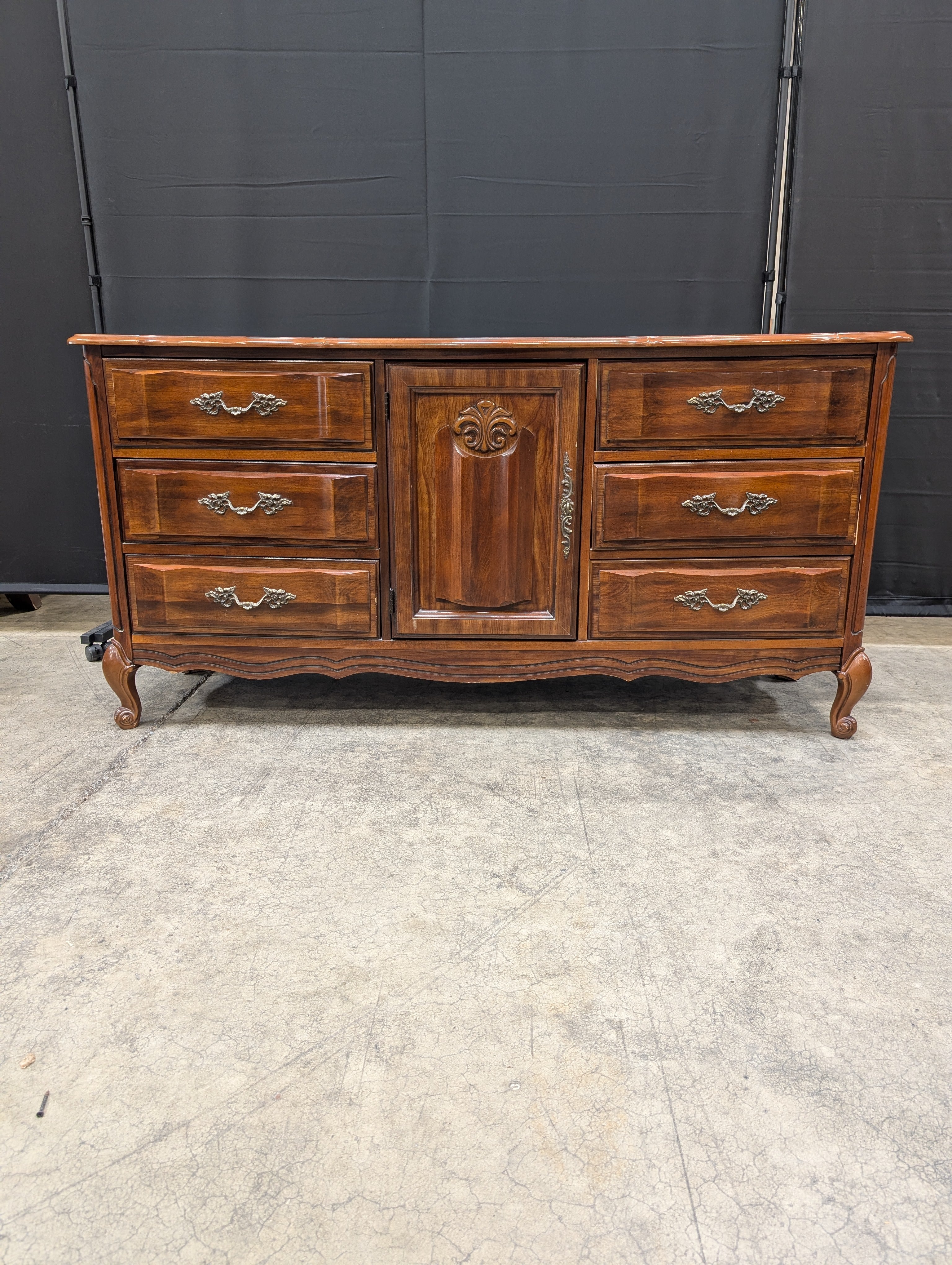 Vintage Rococo Revival Dark Wood Dresser with Ornate Mirror