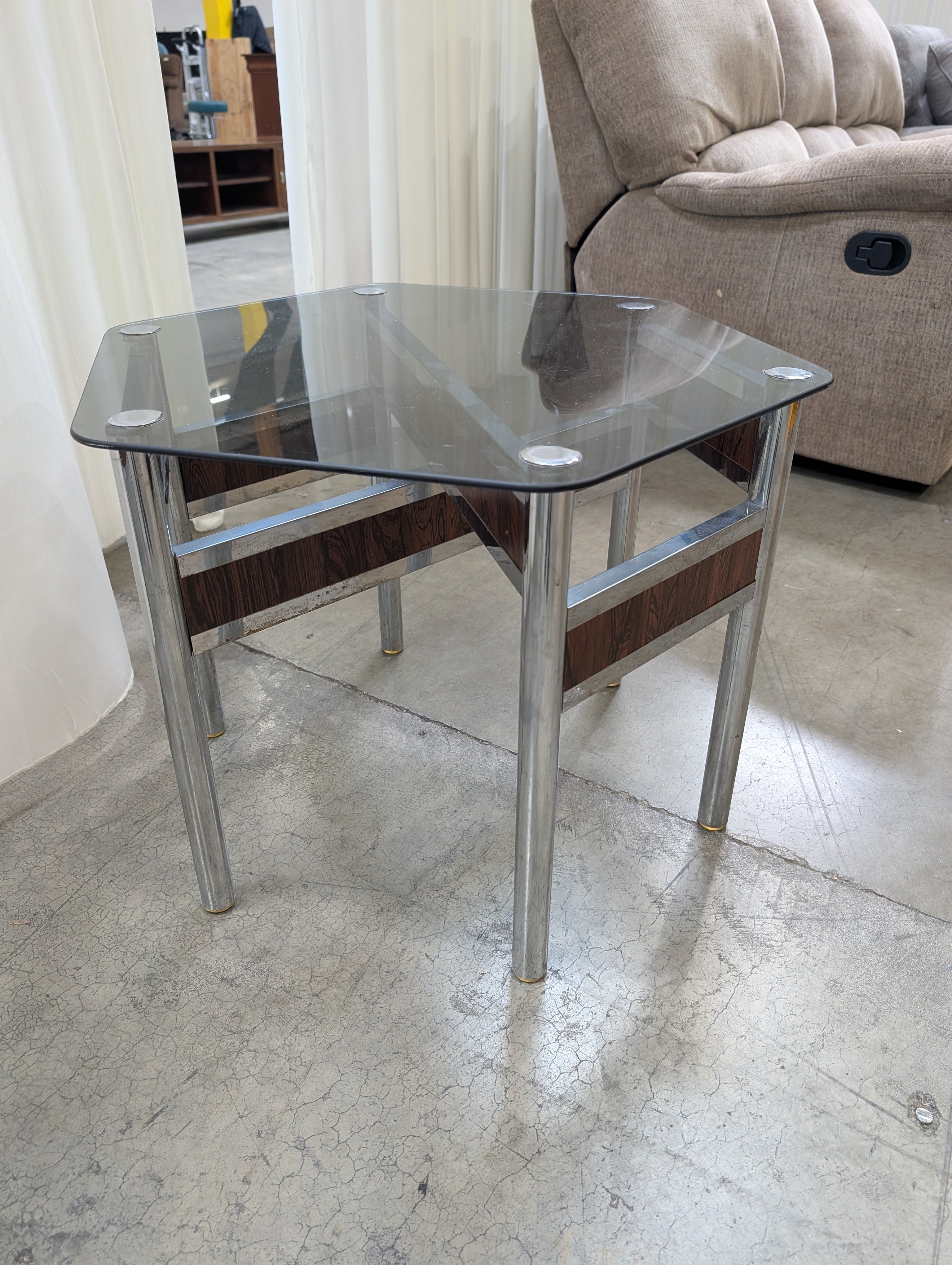 Hexagonal Smoked Glass End Table with Chrome Frame