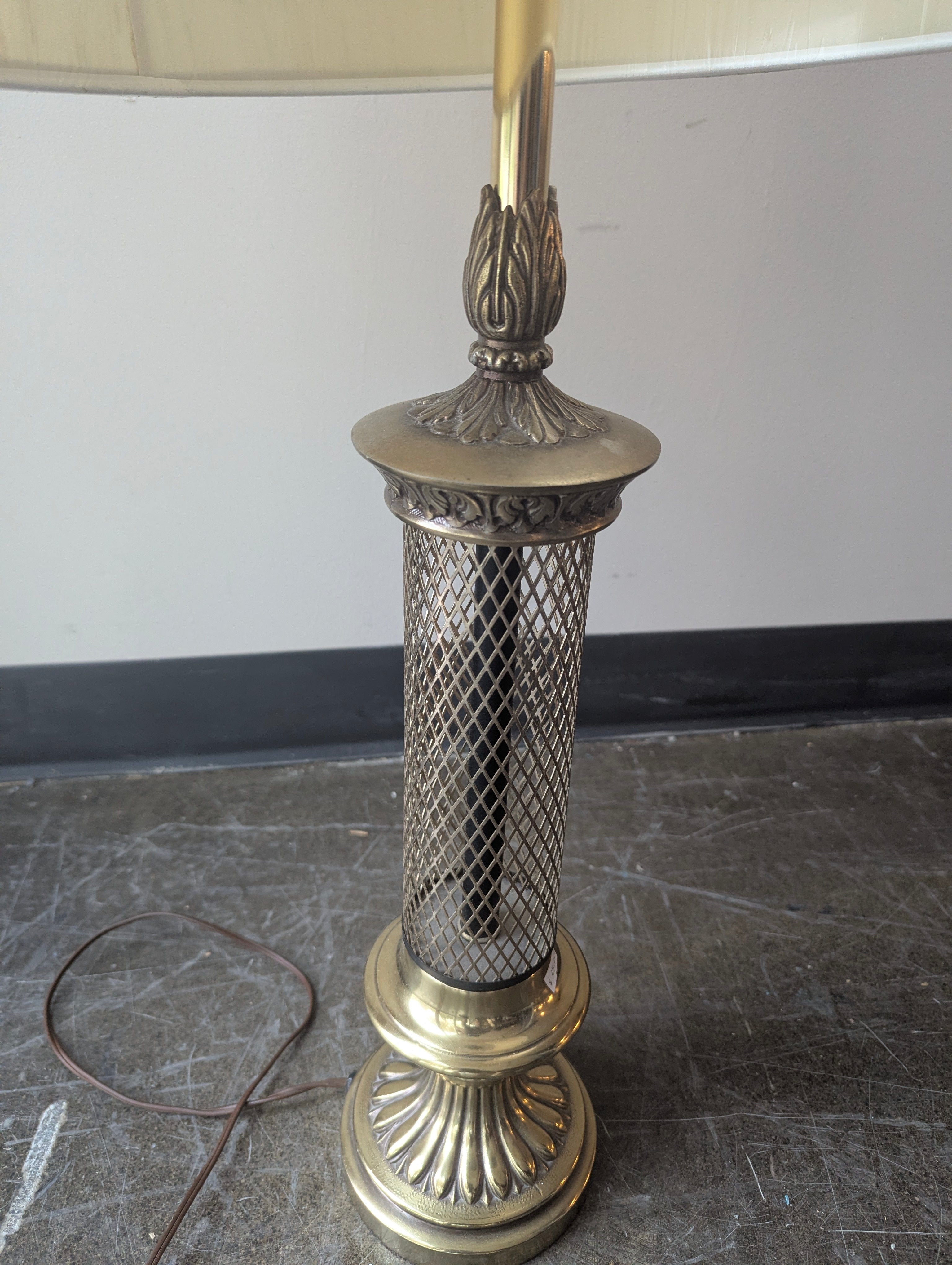 Vintage Brass Tone Ornate Lamp with Cream Fabric Shade
