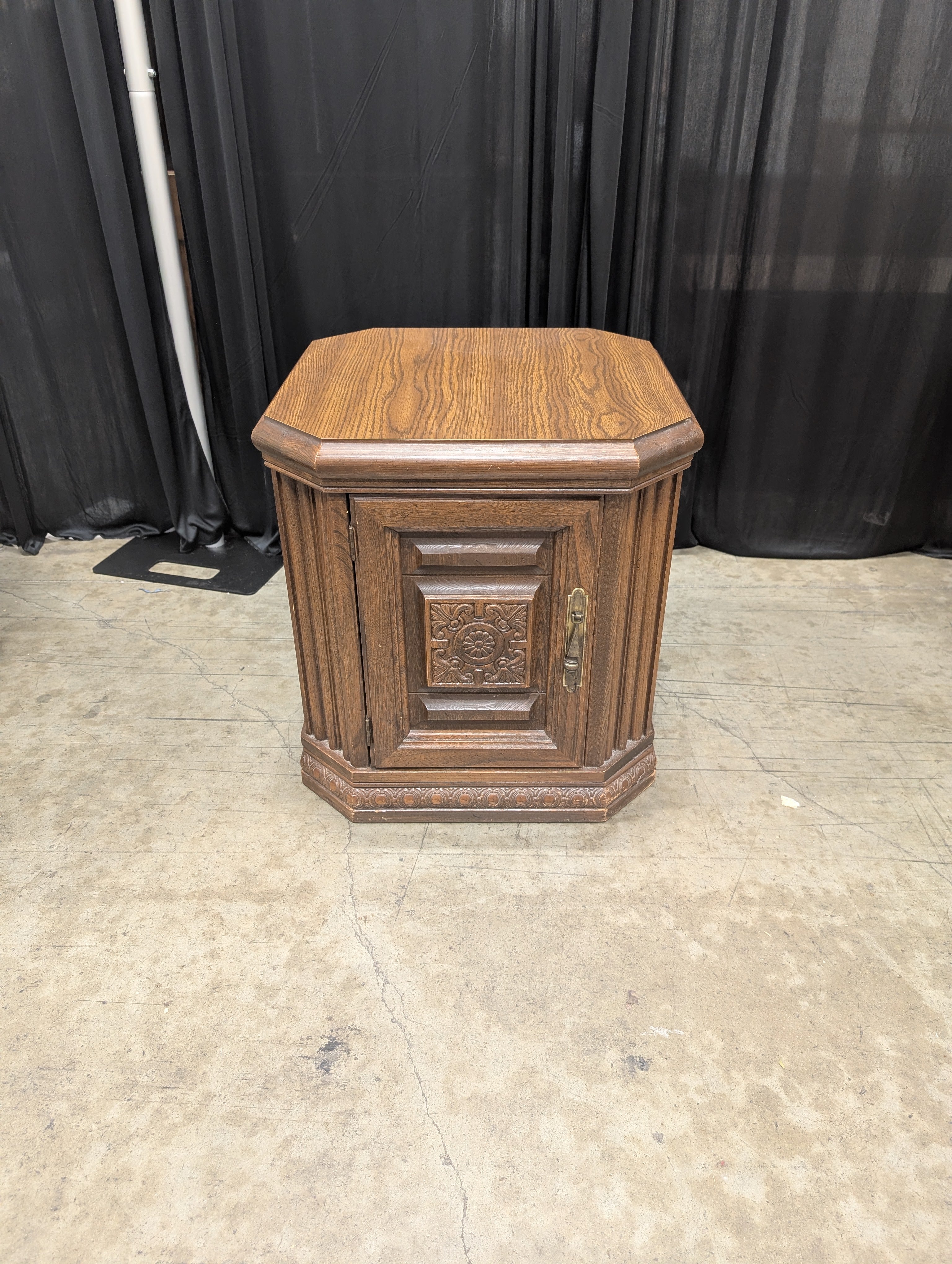 Vintage Hexagonal Wood End Table with Carved Door