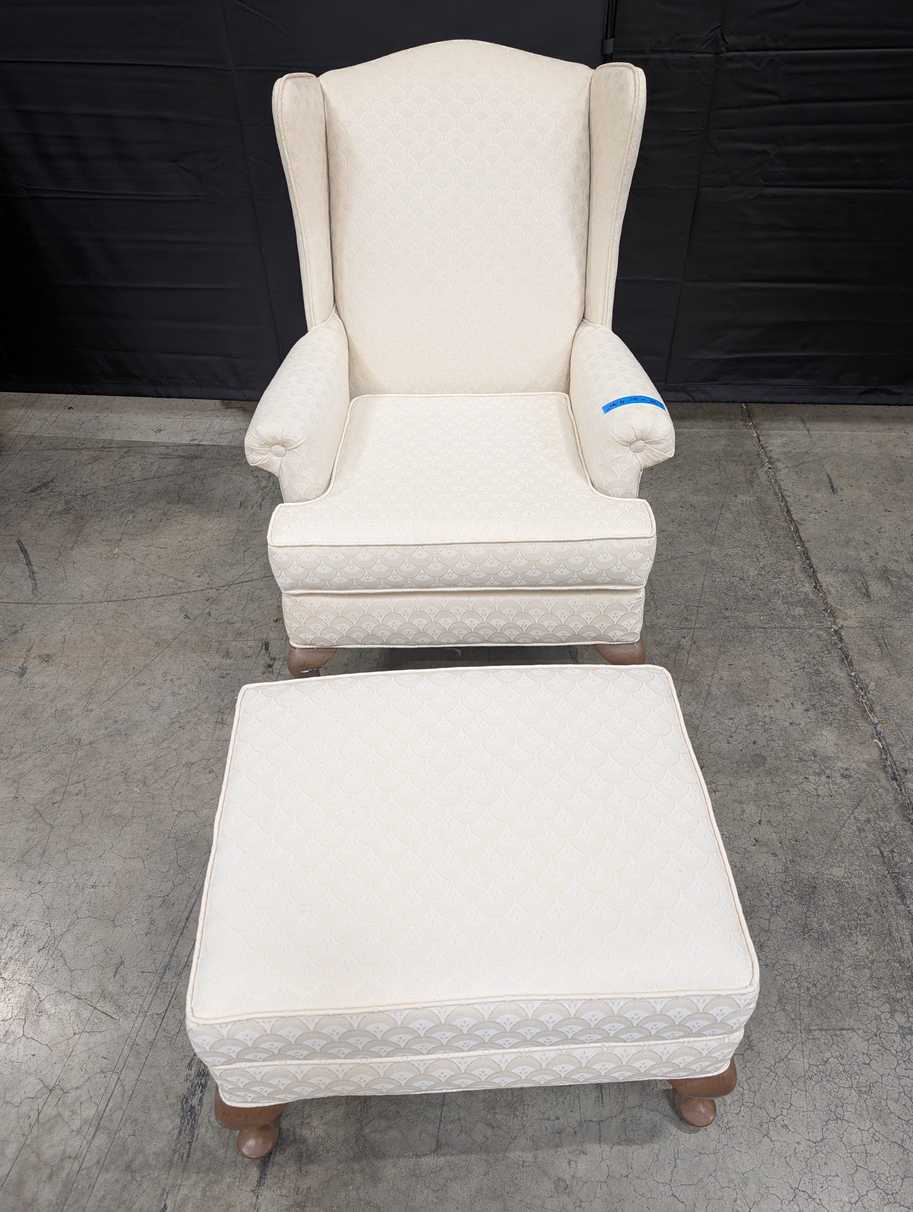 Classic Cream Patterned Wingback Armchair and Ottoman Set