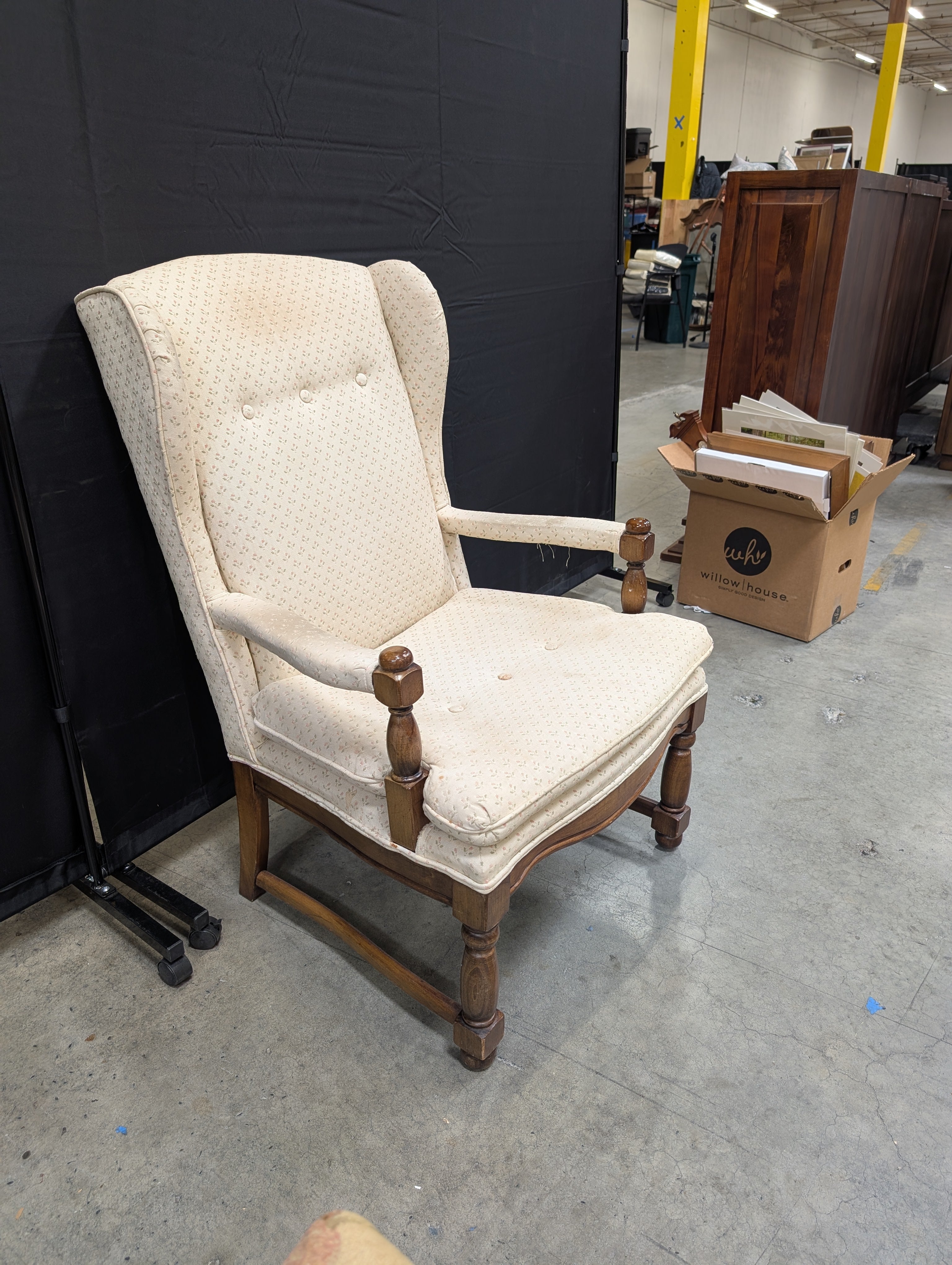 Patterned Beige Fabric Wingback Chair