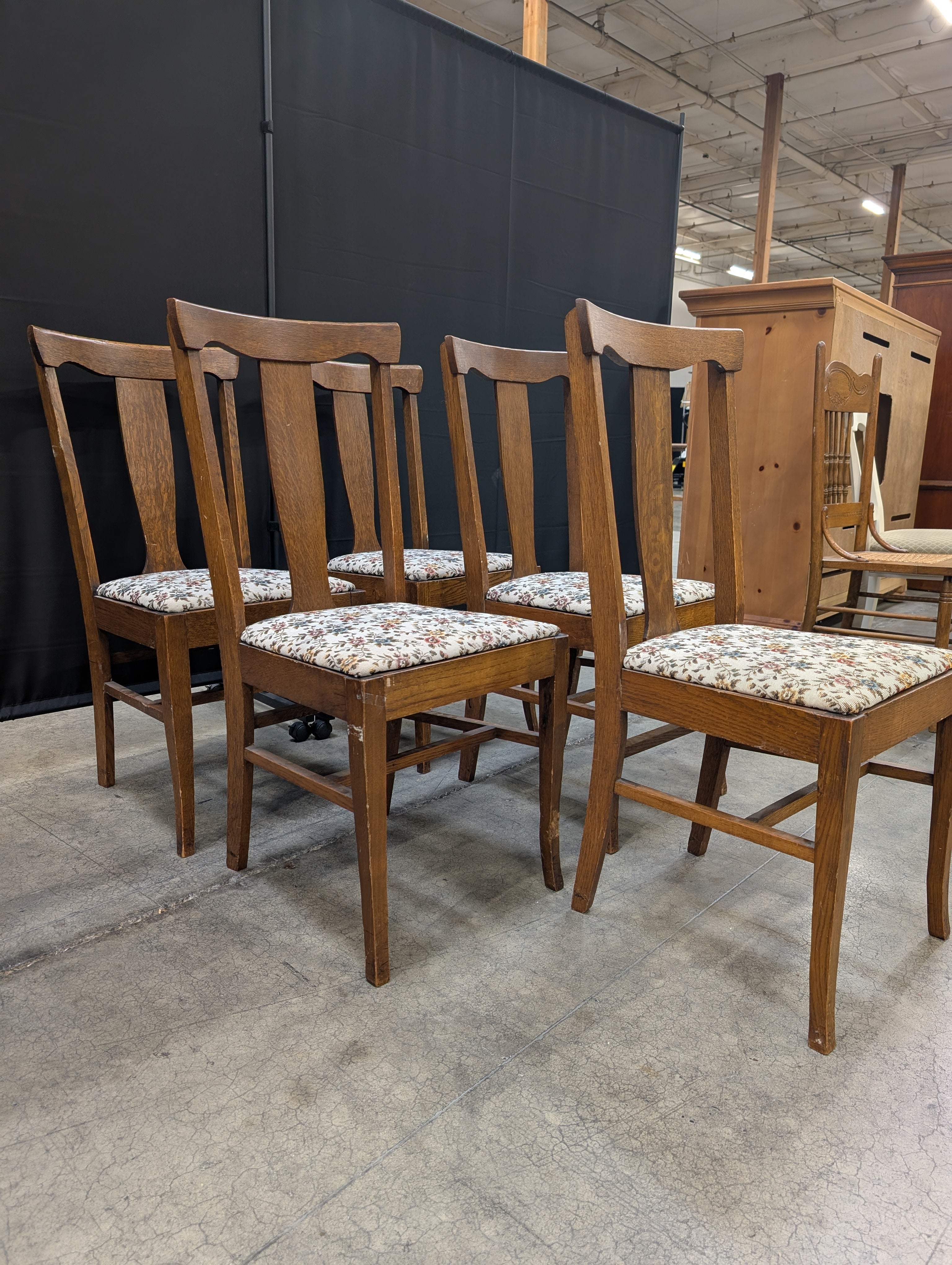 Set of Five Traditional Wooden Dining Chairs with Floral Upholstery