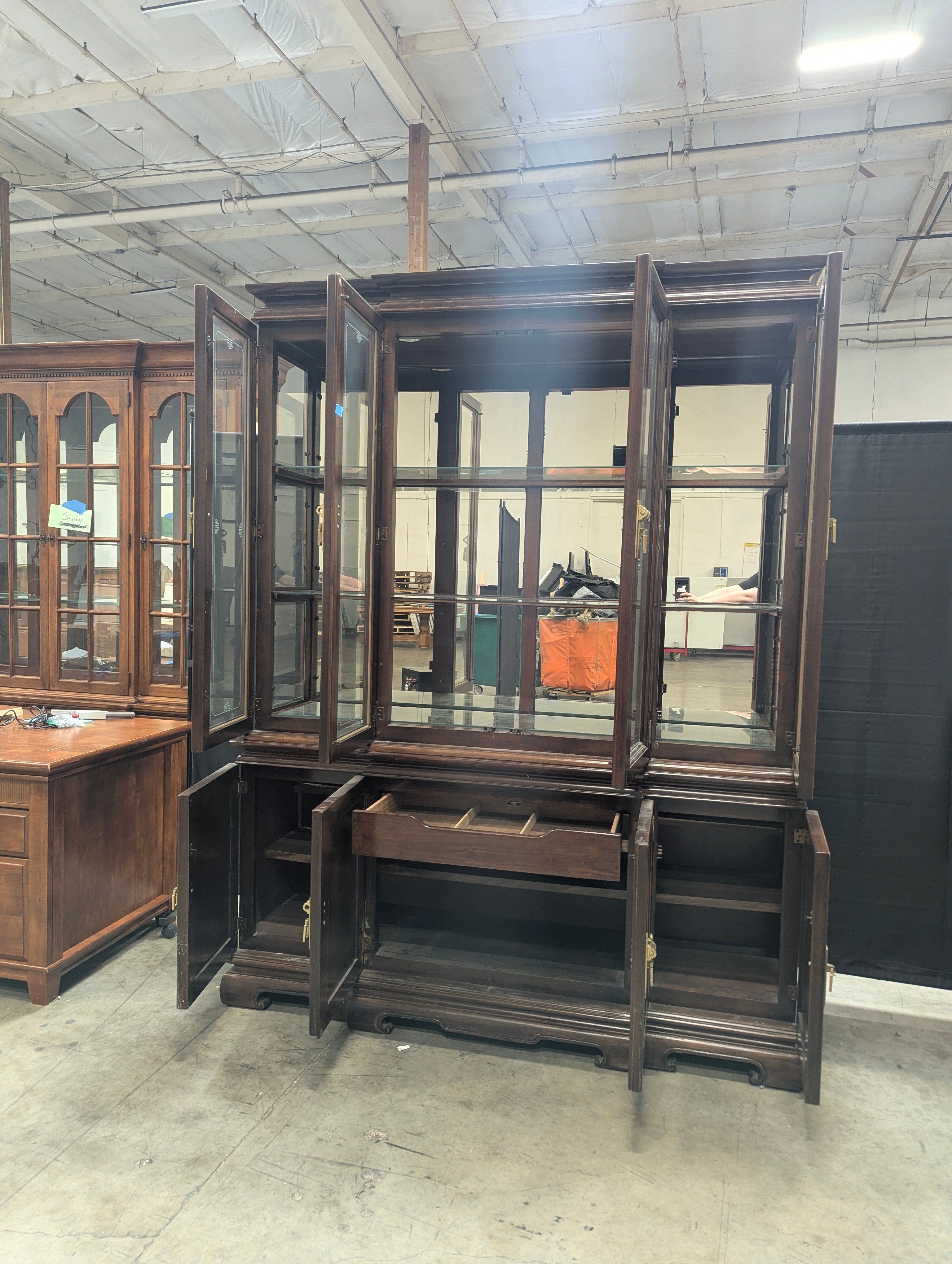 Dark Wood Glass Display Cabinet with Burl Wood Panels