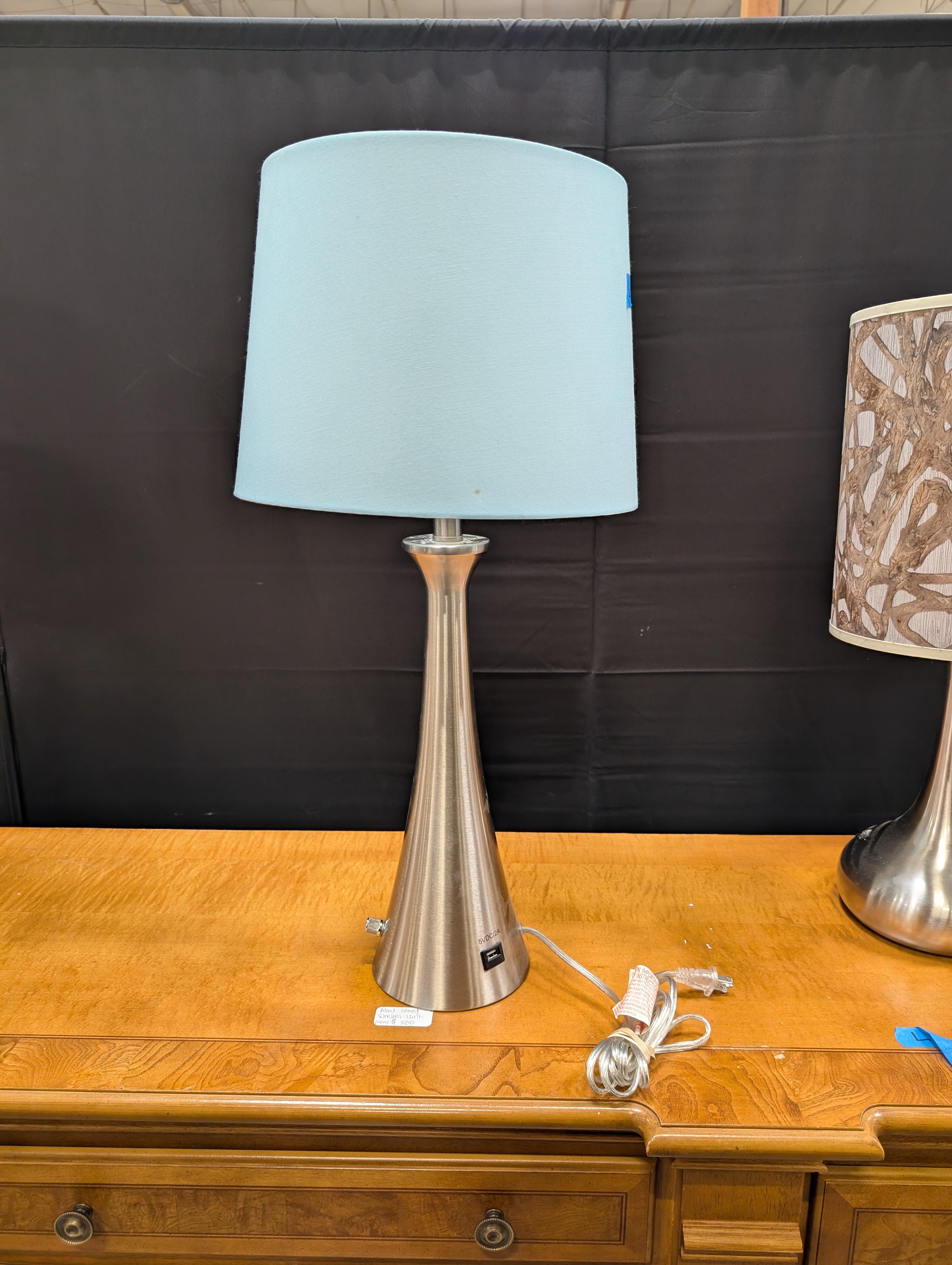 Modern Brushed Metal Table Lamp with Sky Blue Fabric Shade