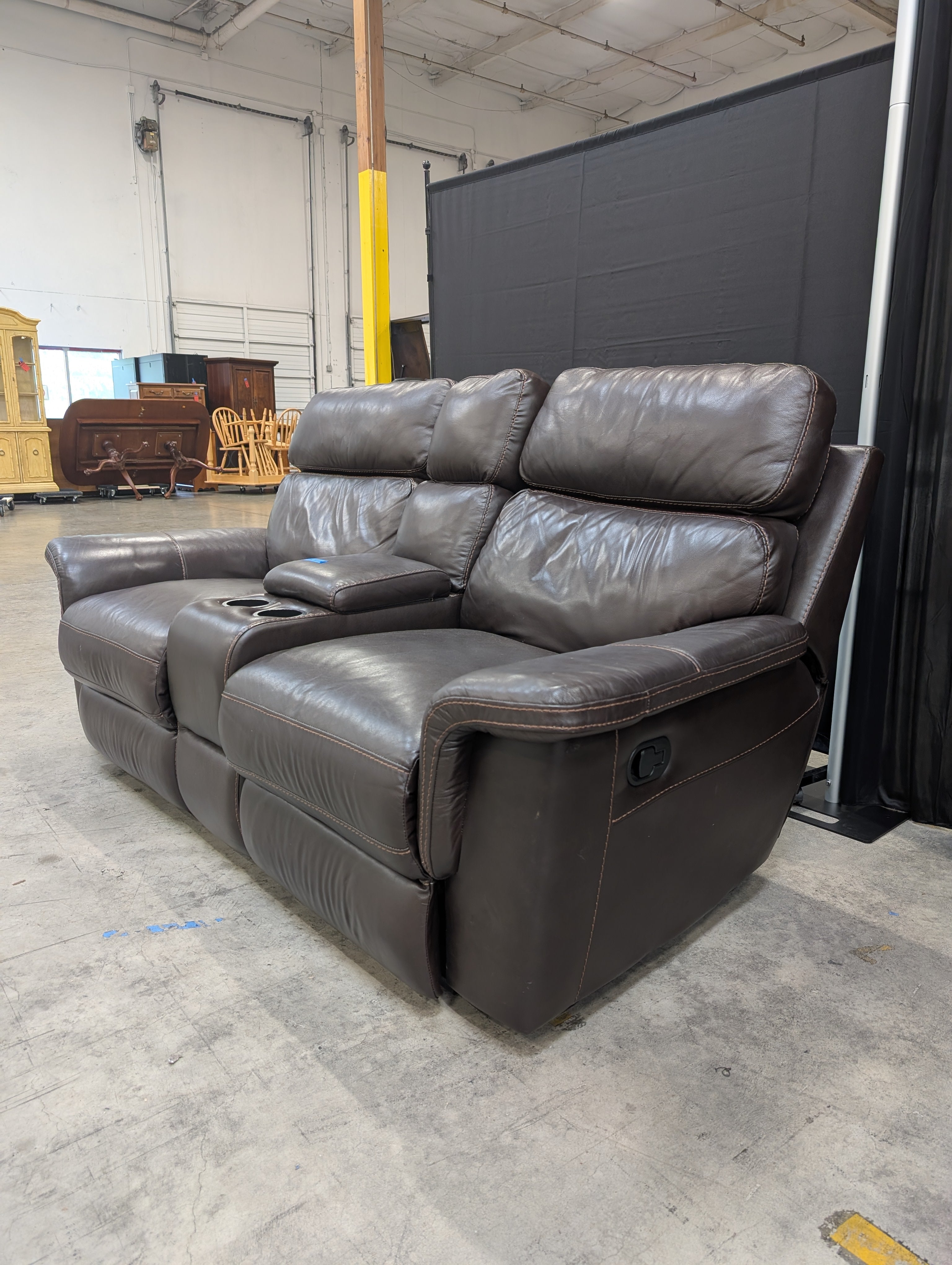 Brown Leather-Look Reclining Couch with Cup Holders