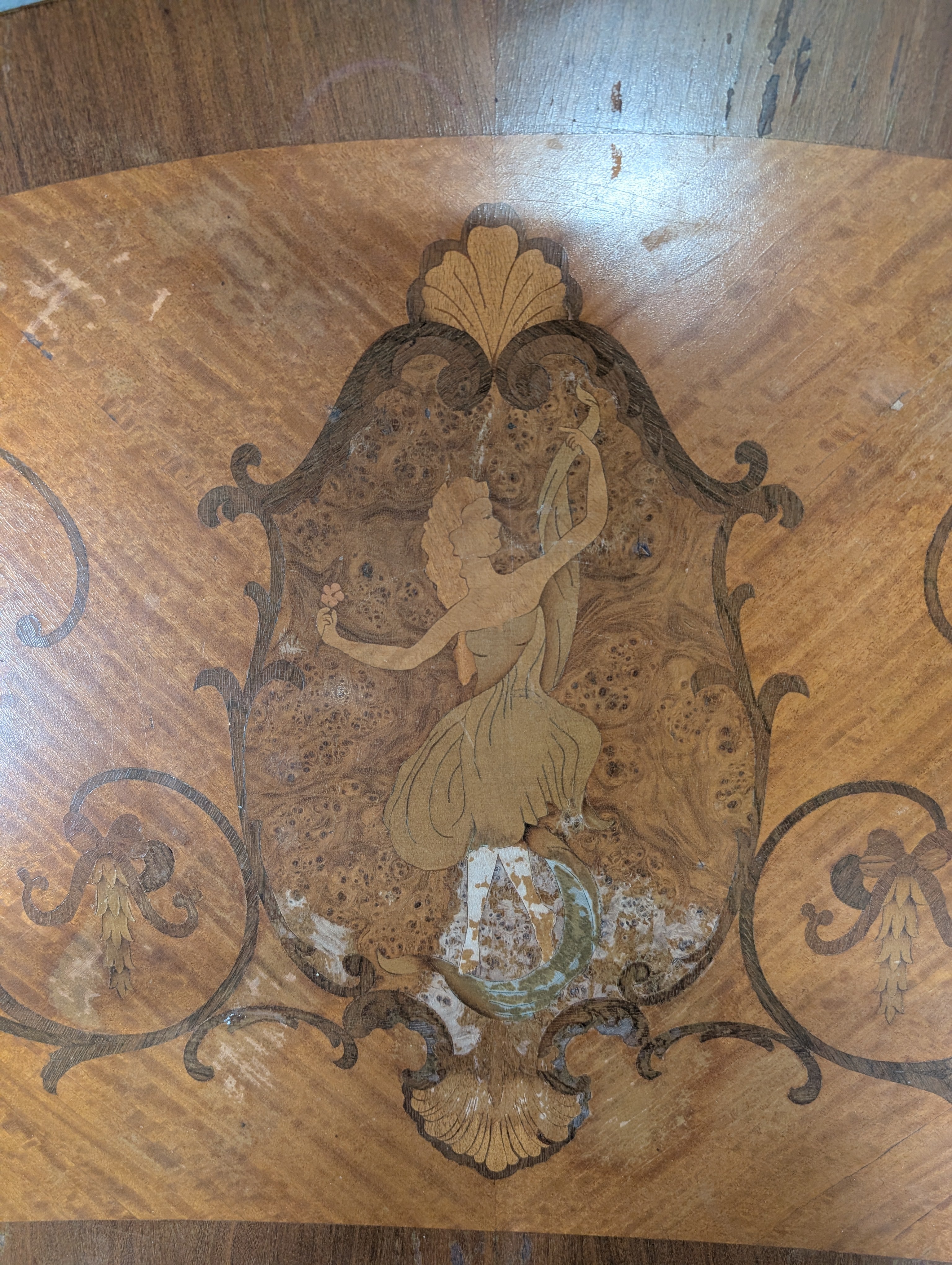 Ornate Inlaid Wood Kidney-Shaped Coffee Table with Figural Marquetry