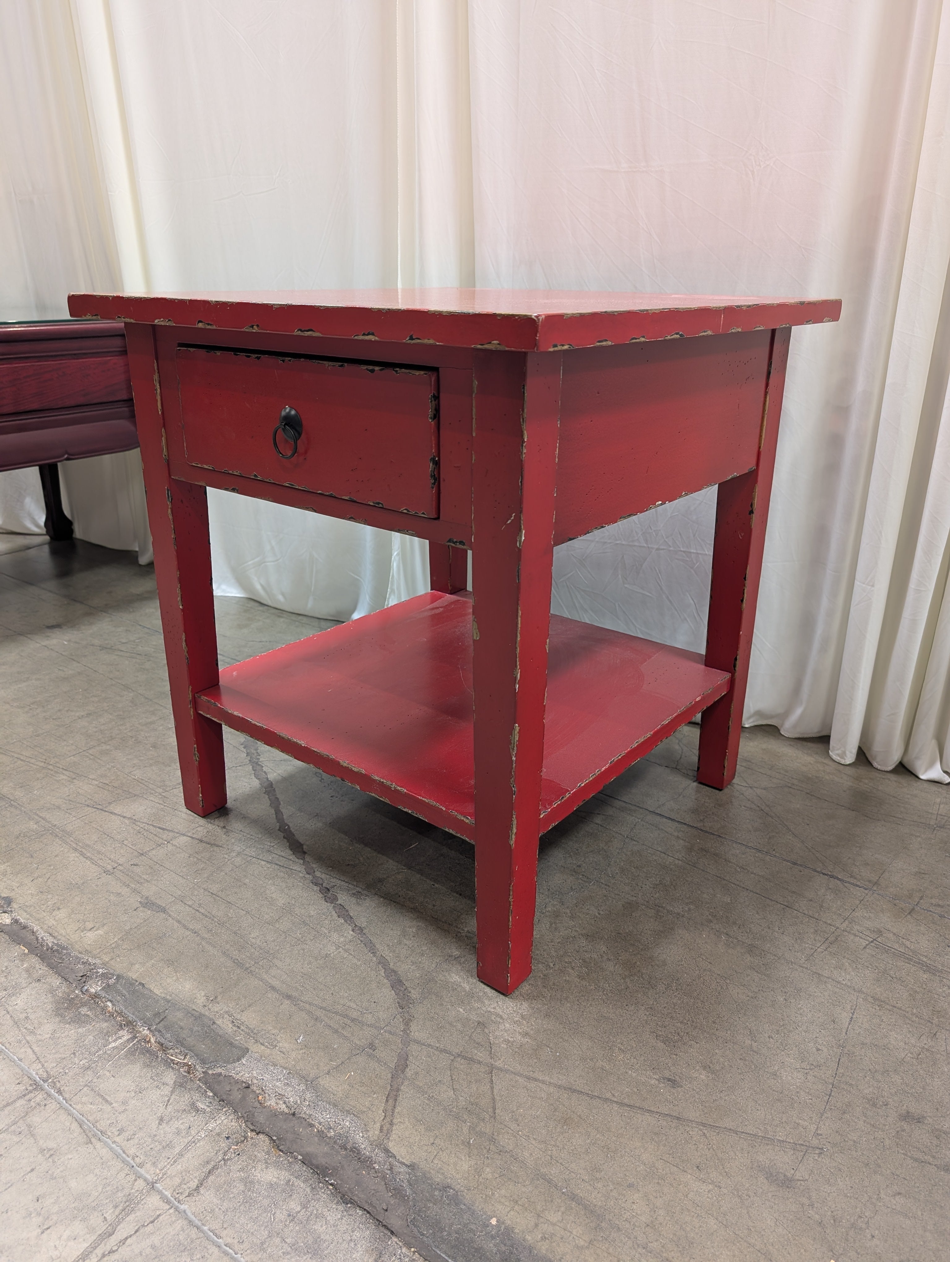Distressed Red Wood End Table with Drawer and Shelf