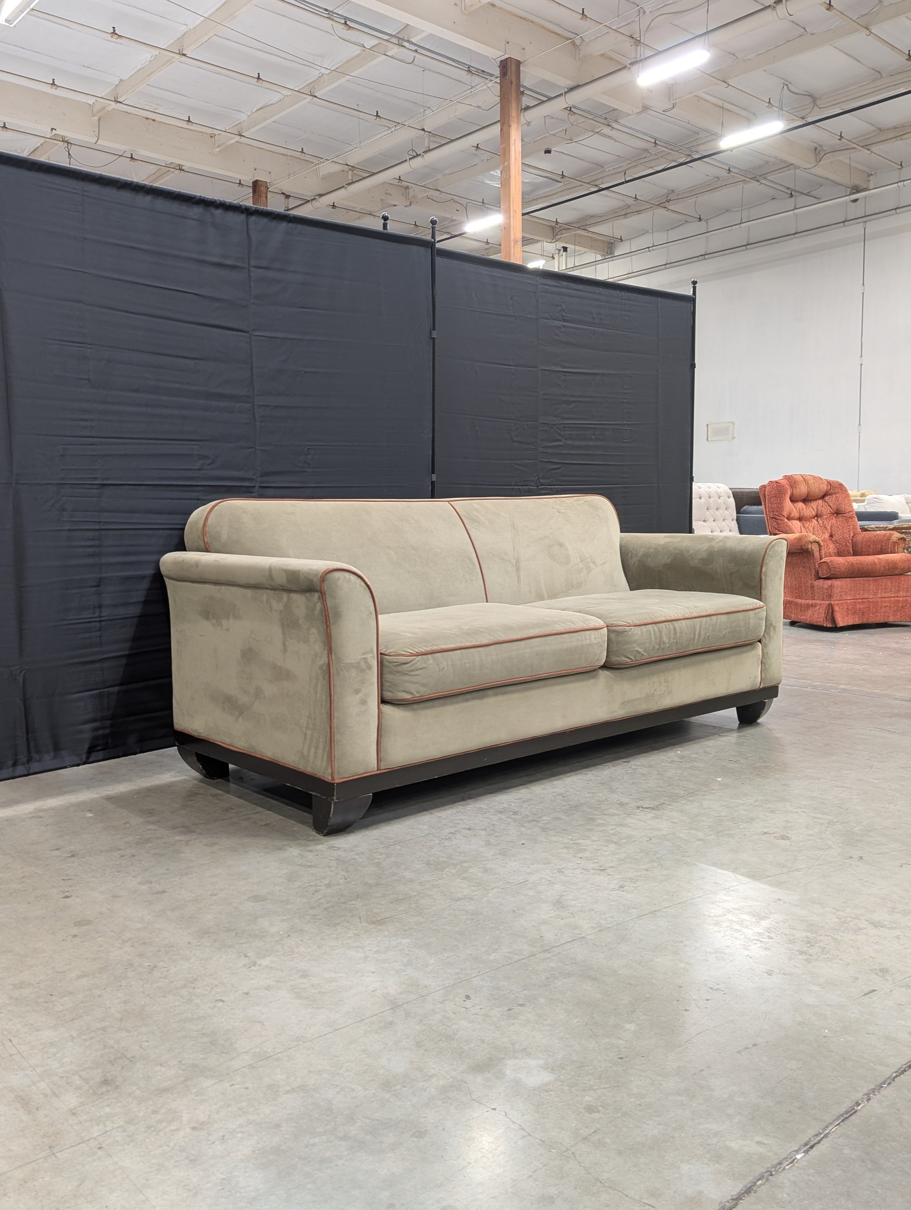 Contemporary Greige Fabric Sofa with Contrasting Red Piping