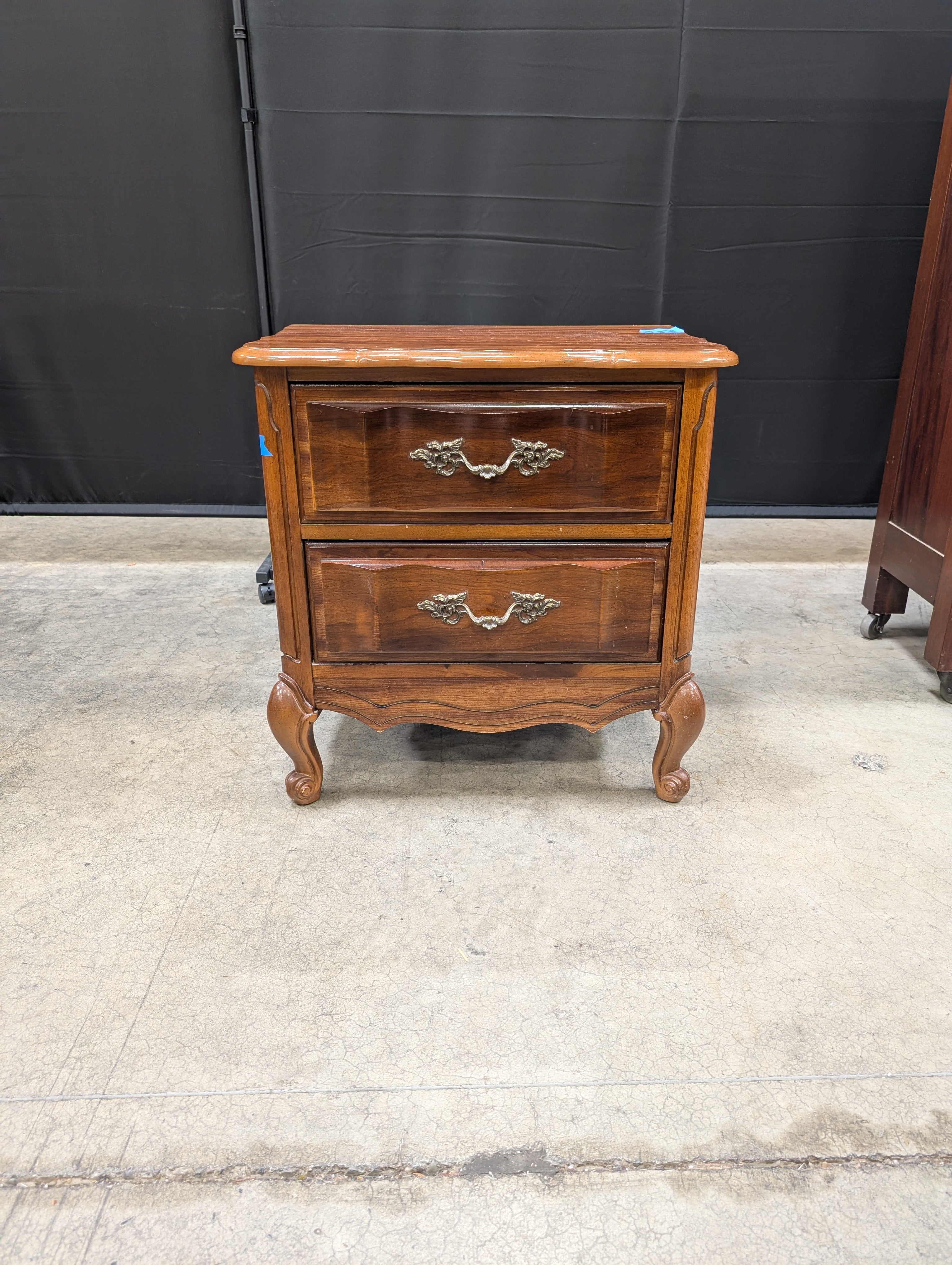 French Provincial Style Wood Bedside Table with Ornate Hardware