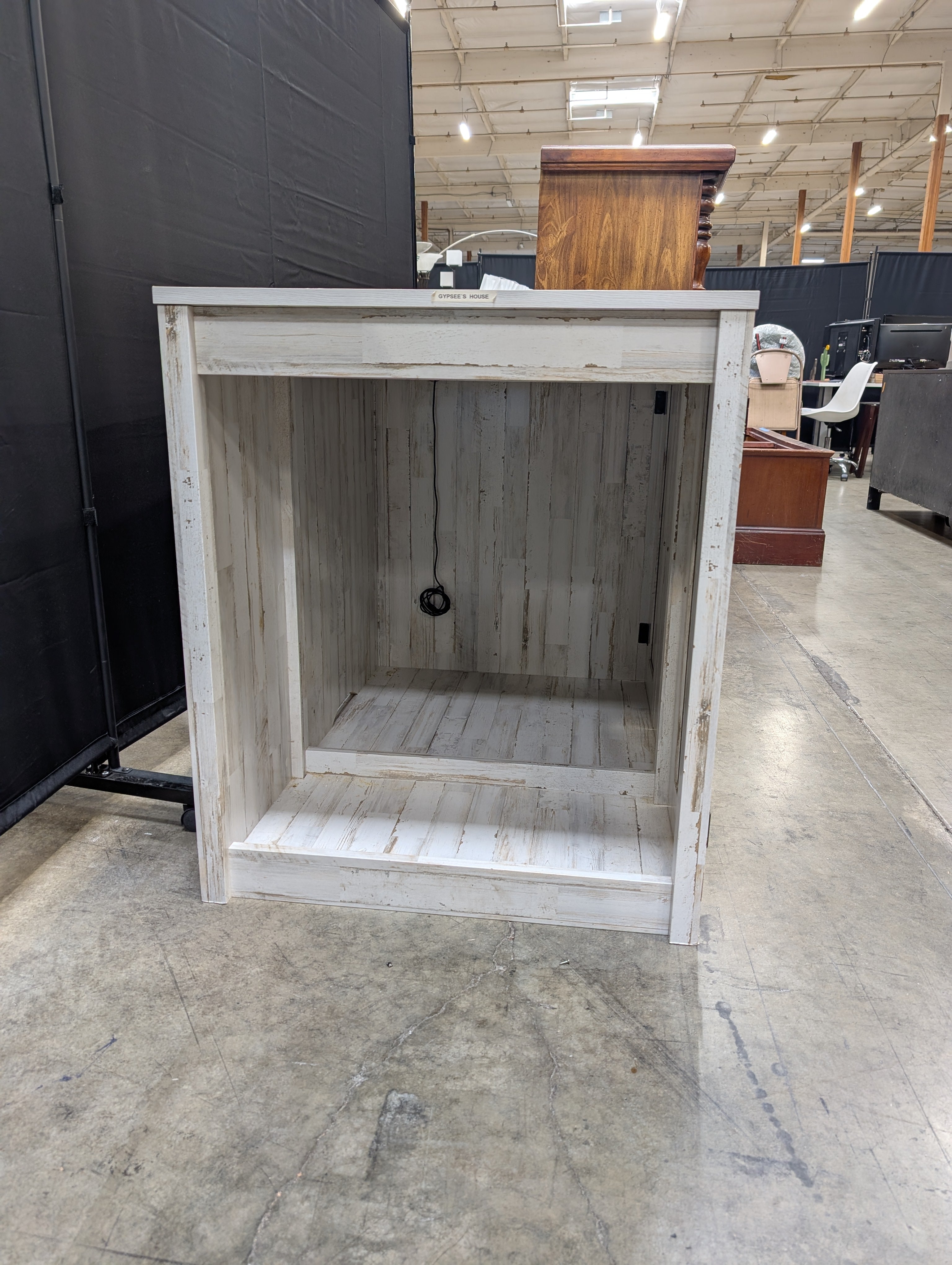 Distressed White Plank Wood Storage Cabinet