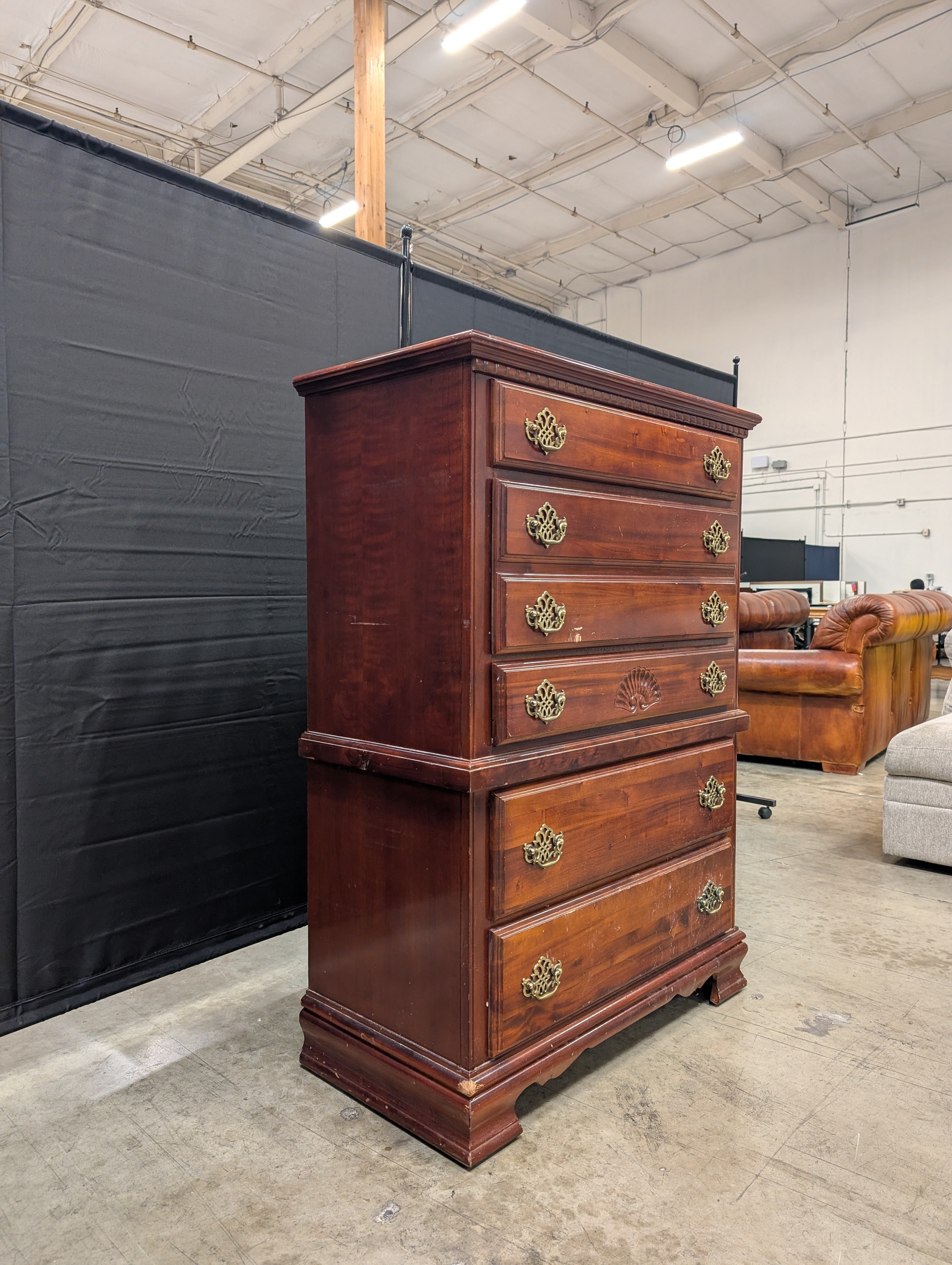Classic Cherry Finish Tall Chest of Drawers with Brass Hardware