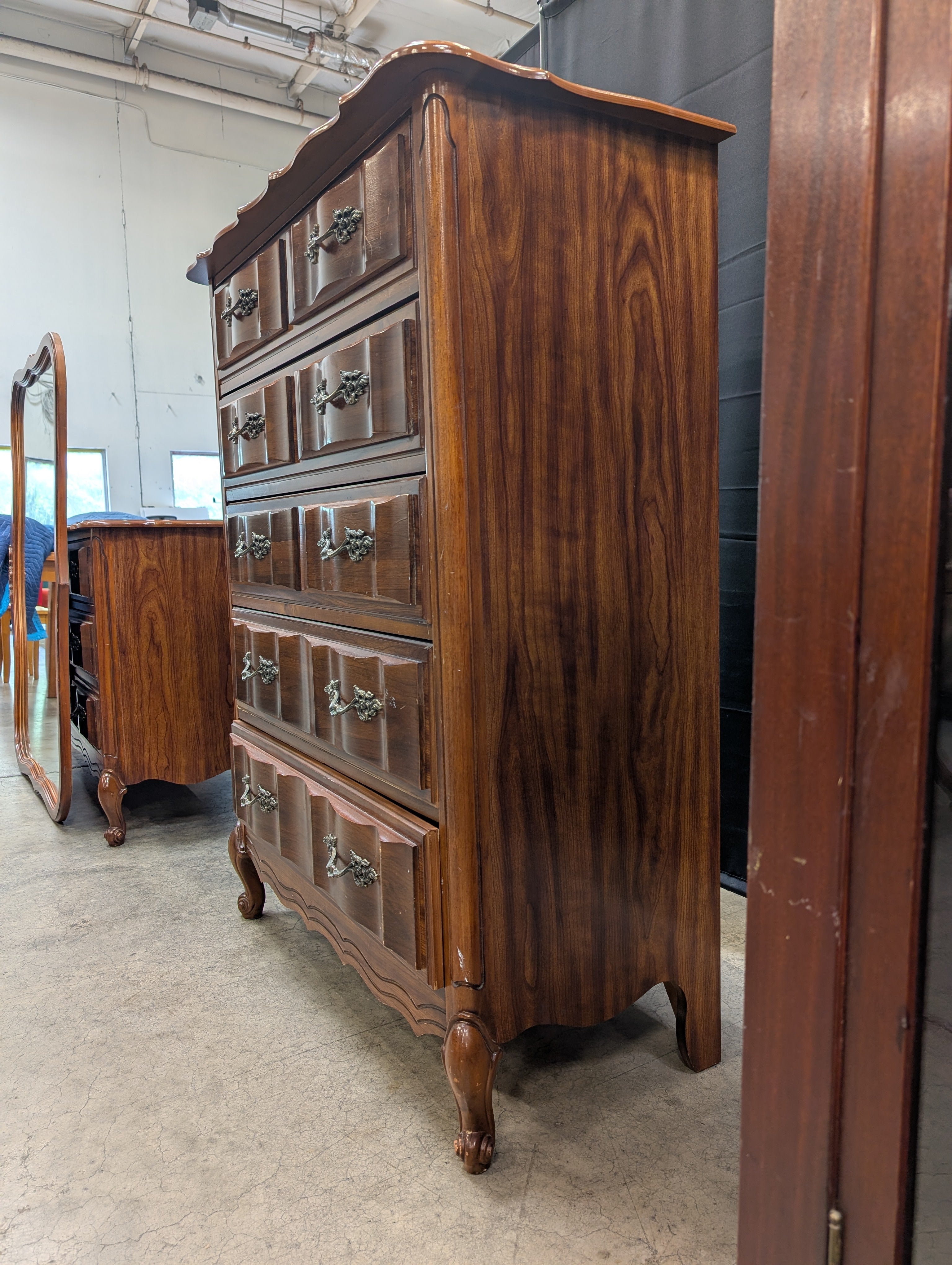 French Provincial Bassett Tall Chest of Drawers with Ornate Hardware