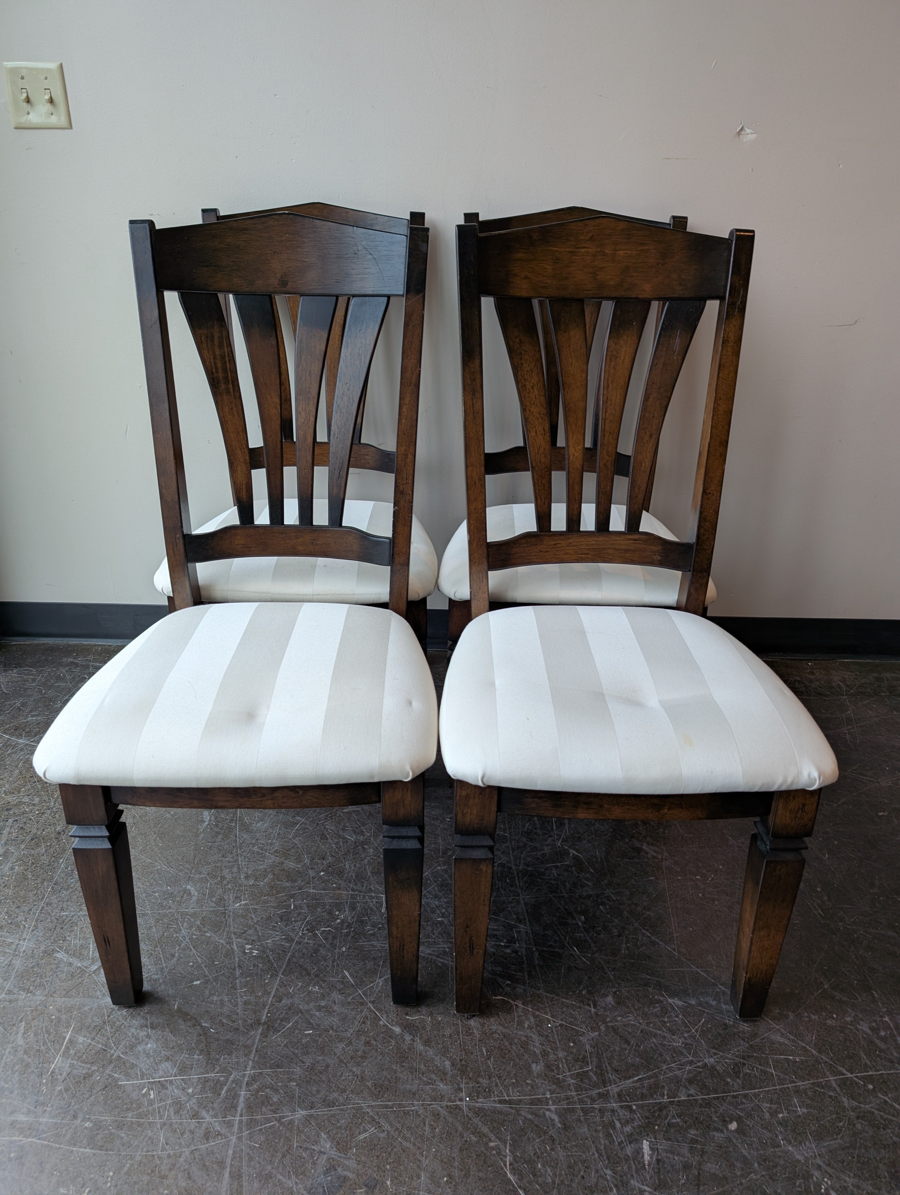 Set of Four- Rich Toned Wood Dining Chairs with Cream Upholstered Seats