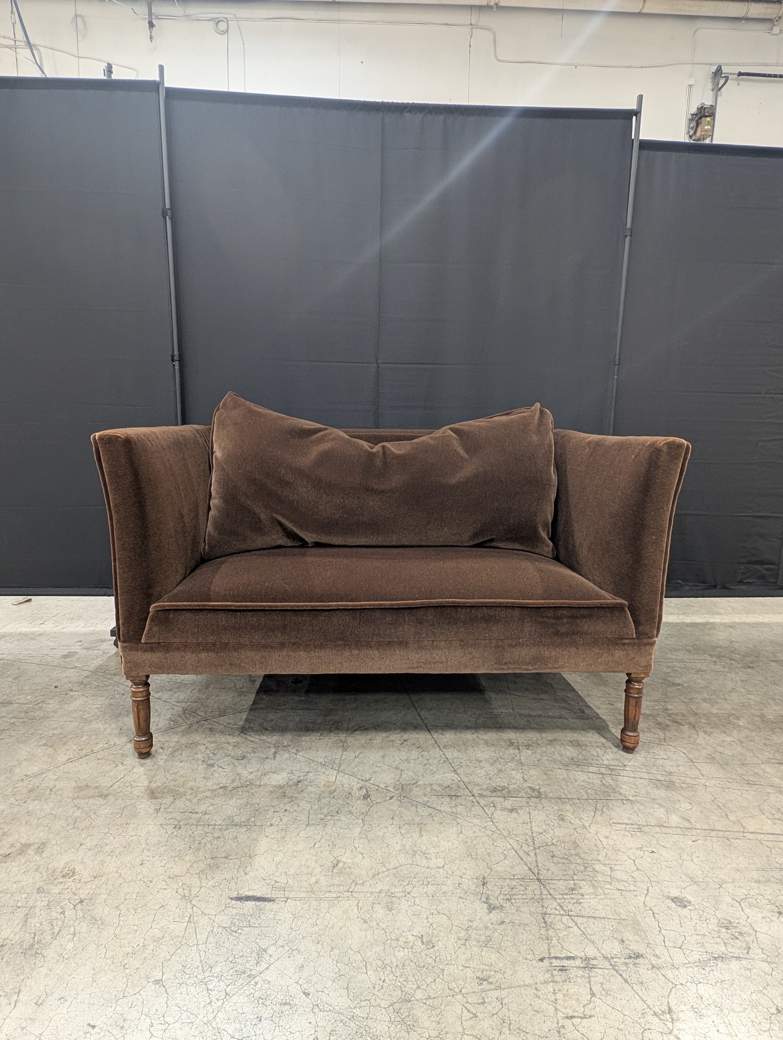 Brown Velvet Two-Seater Settee with Tapered Legs