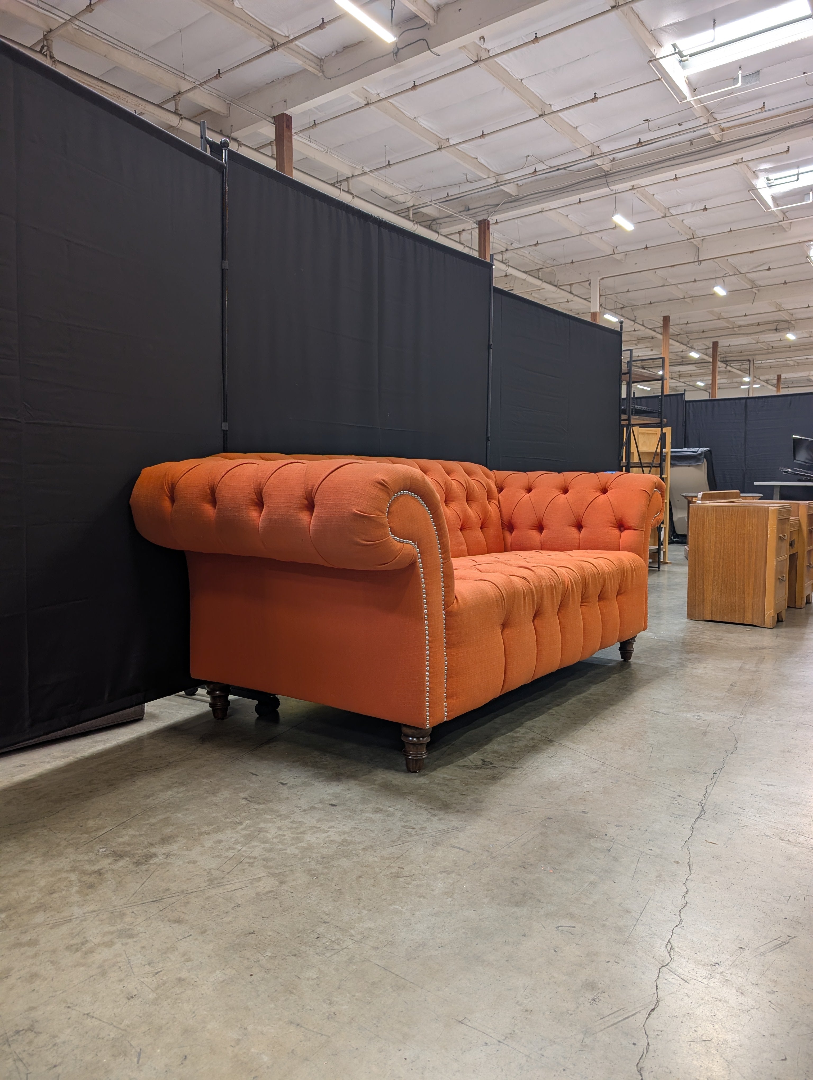 Vibrant Orange Button-Tufted Chesterfield Style Settee