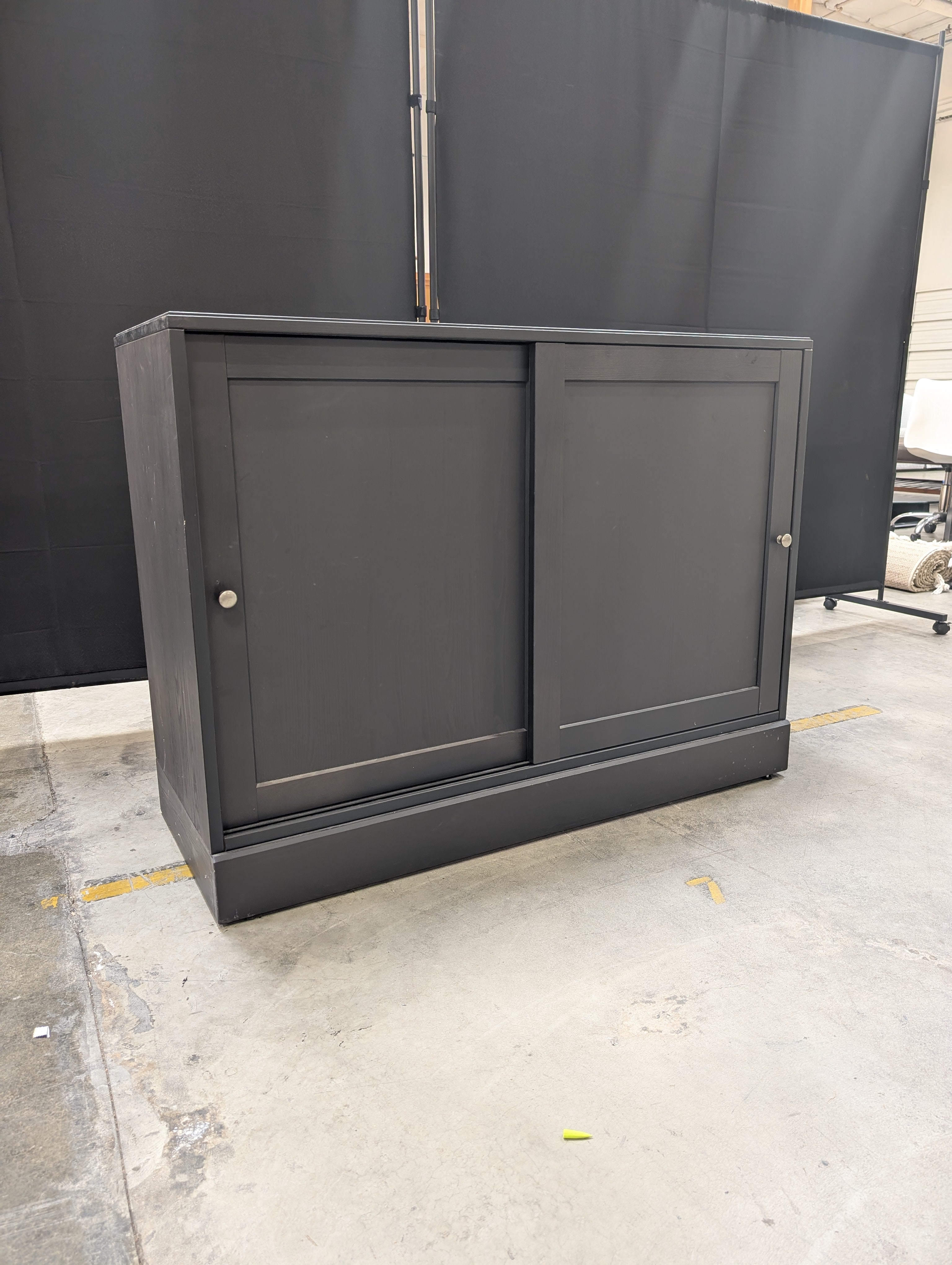 Dark Finish Sliding Door Storage Cabinet with Open Shelf Ikea Used