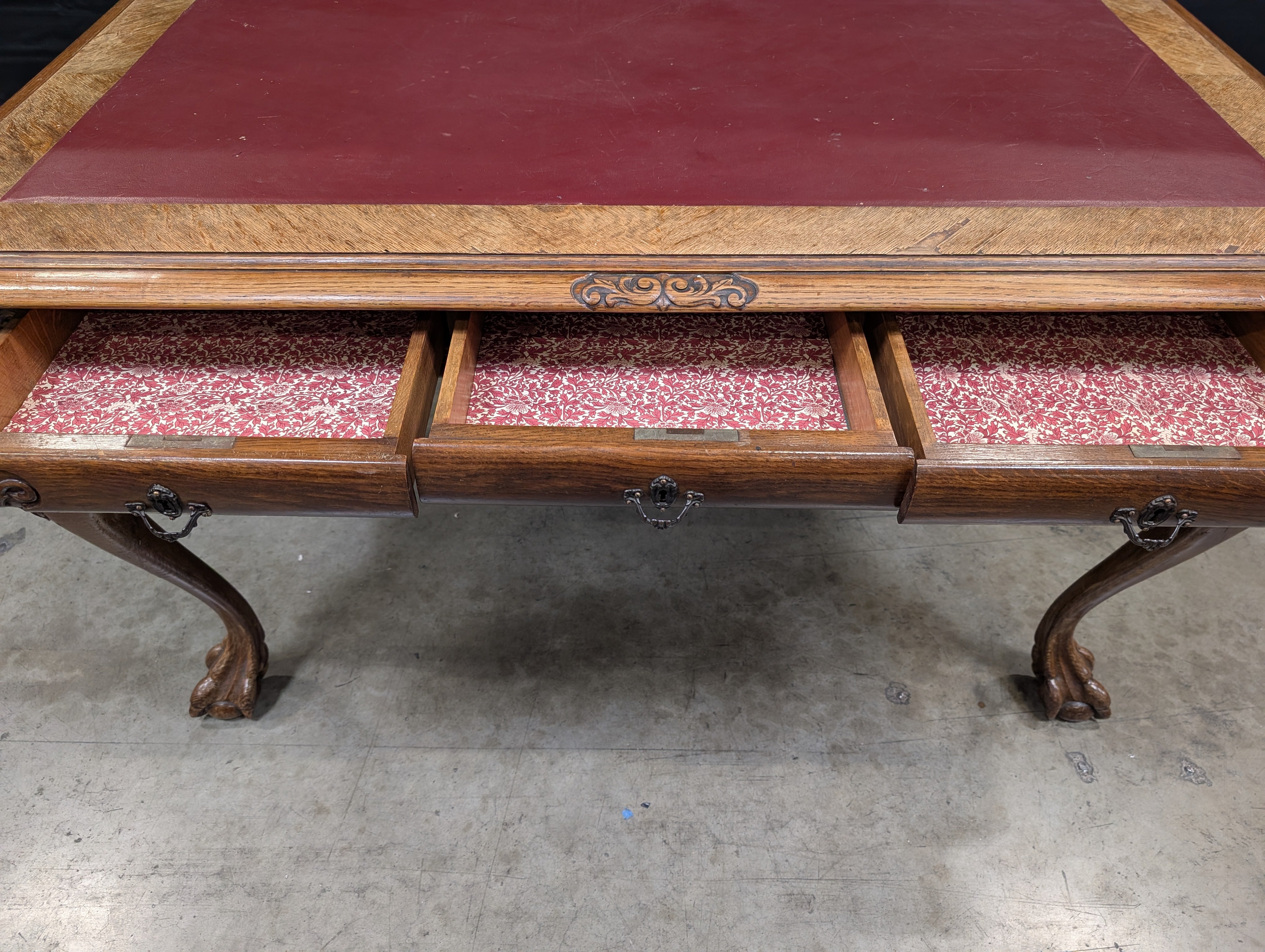 Ornate Carved Wood Desk with Reddish-Brown Top