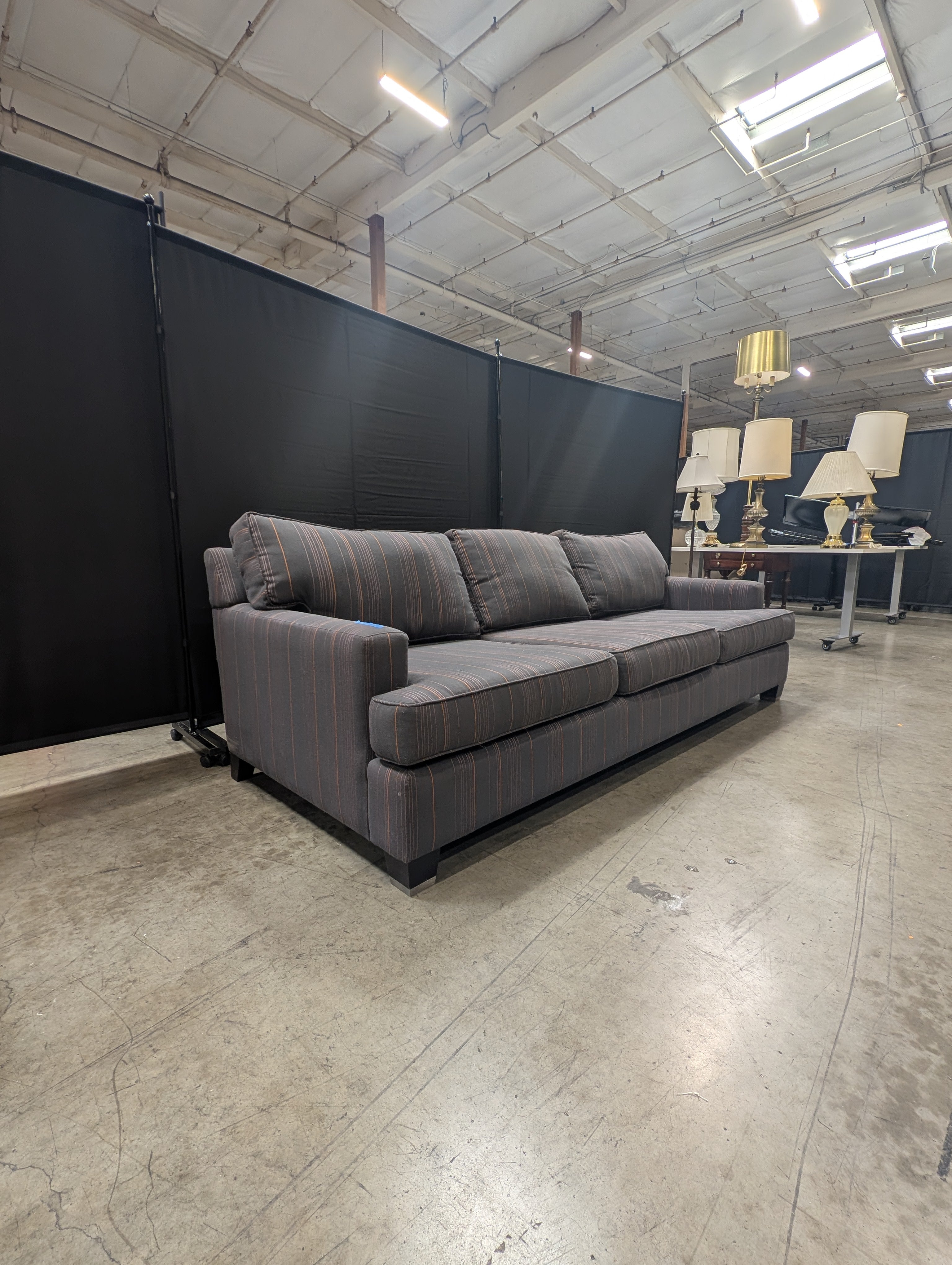 Plum Striped Upholstered Three-Seater Sofa