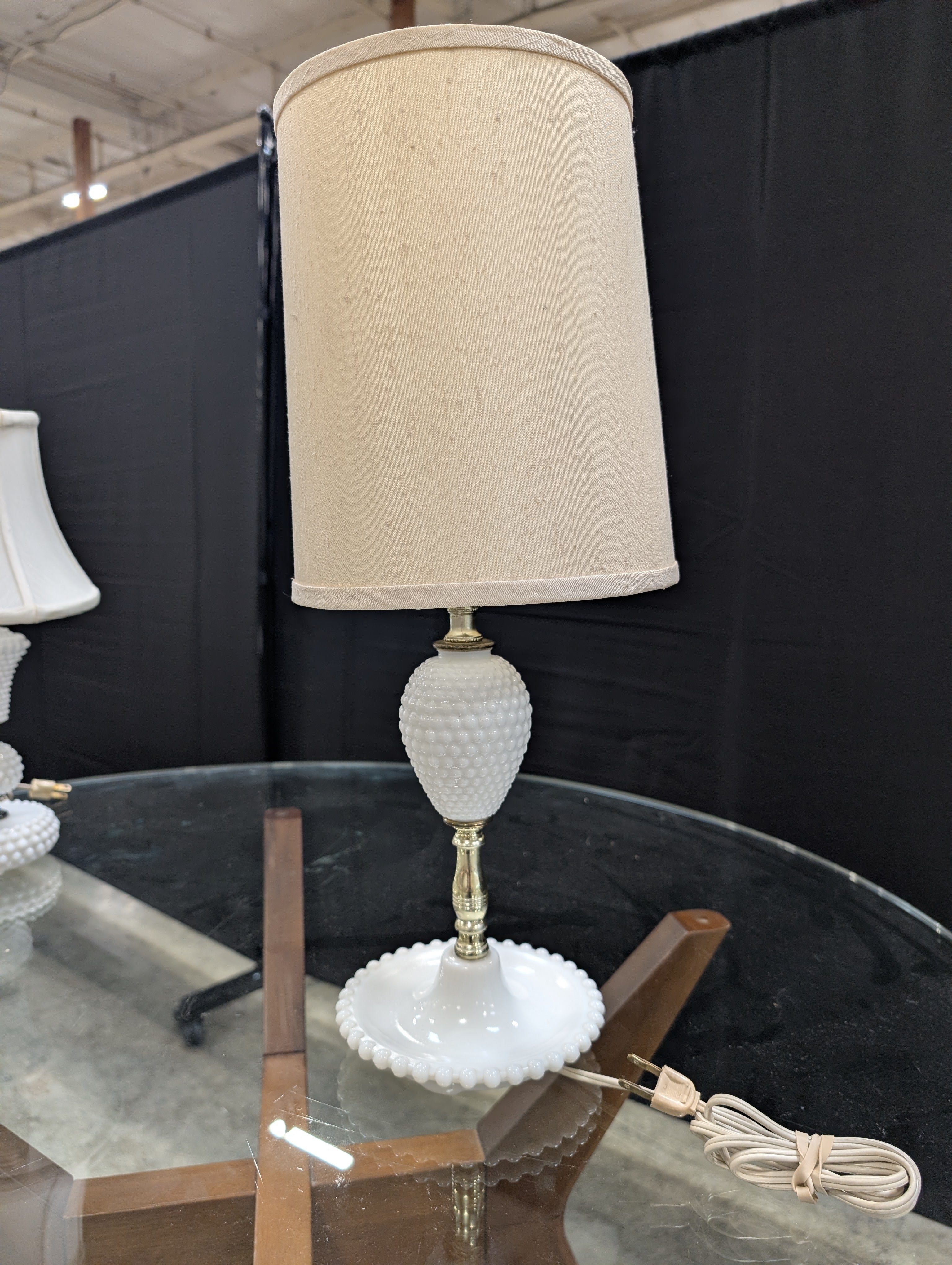Vintage Style Hobnail Milk Glass Table Lamp with Fabric Shade