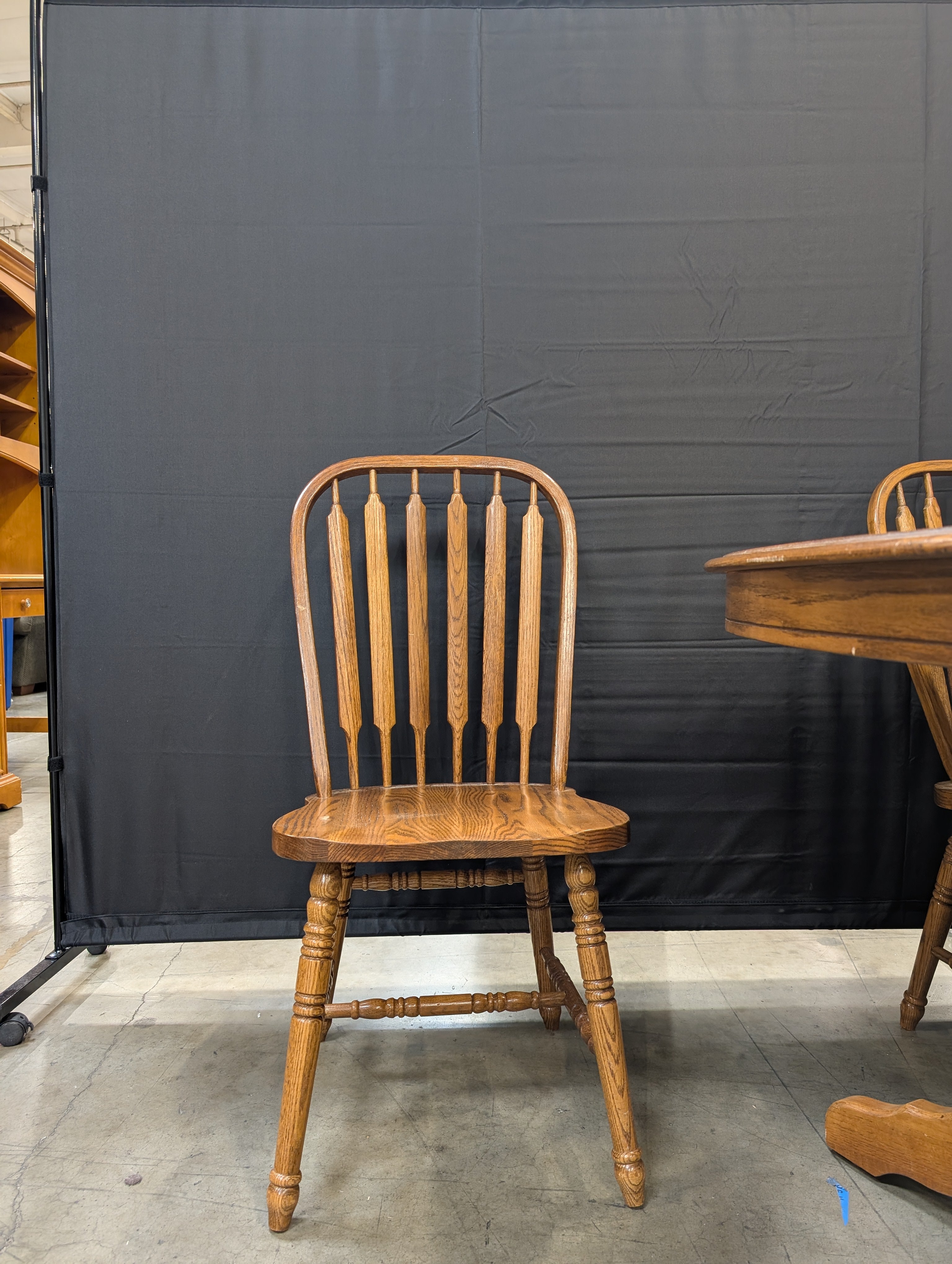 Oak Finish Dining Table with Six Spindle Back Chairs