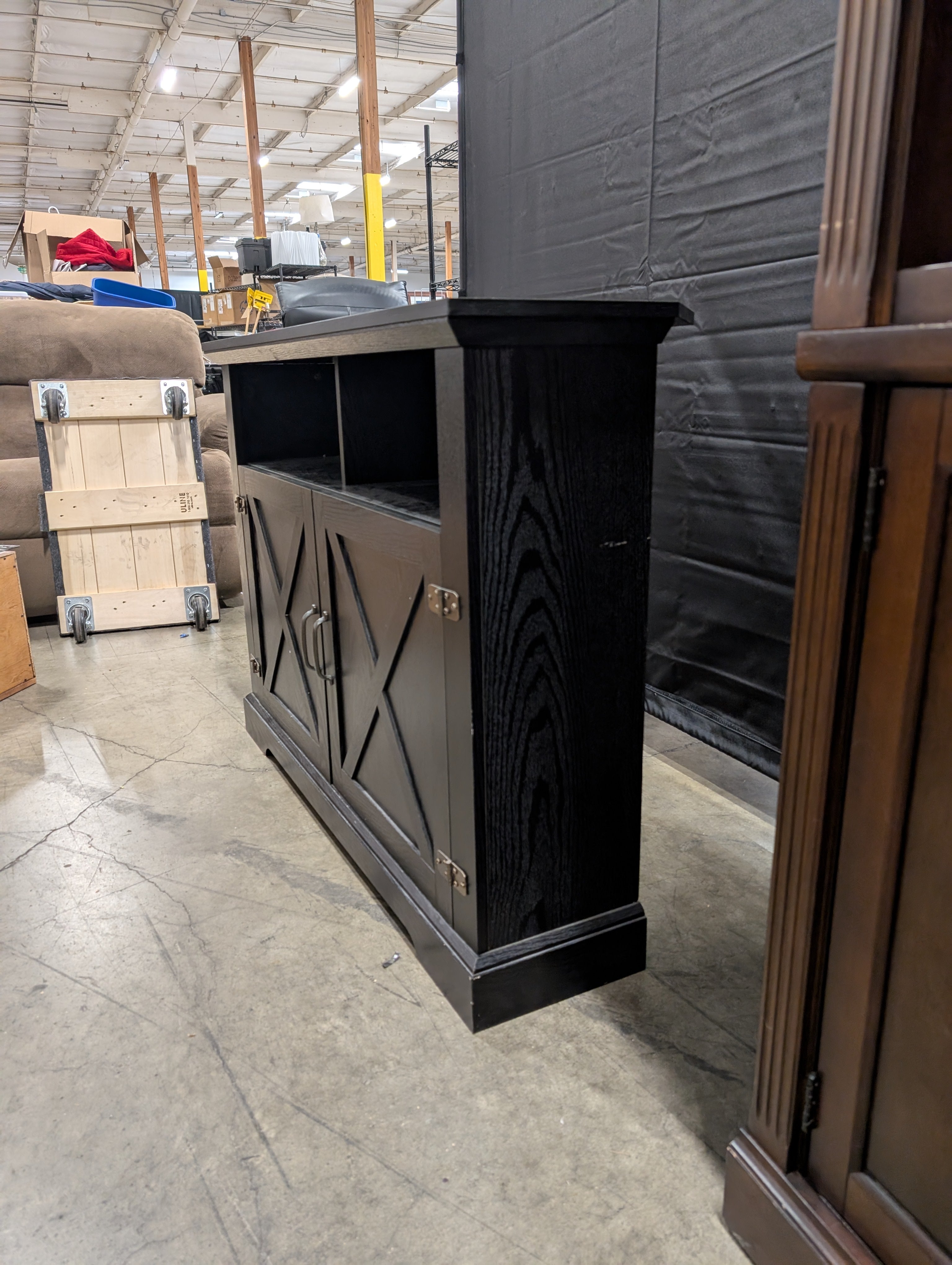 Black Corner Media Console with X-Panel Cabinet Doors