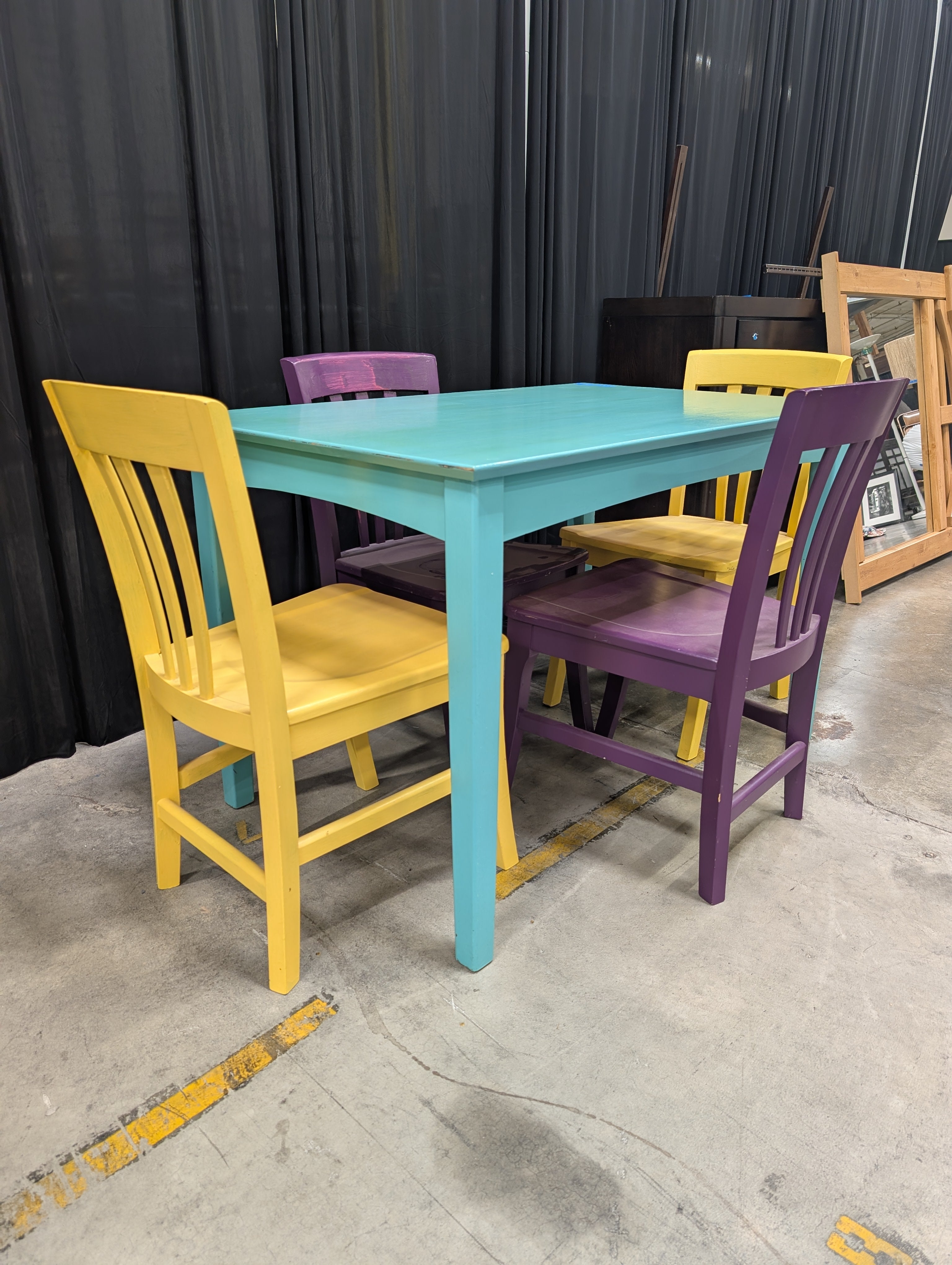 Vibrant Painted Wood Dining Table and Chairs
