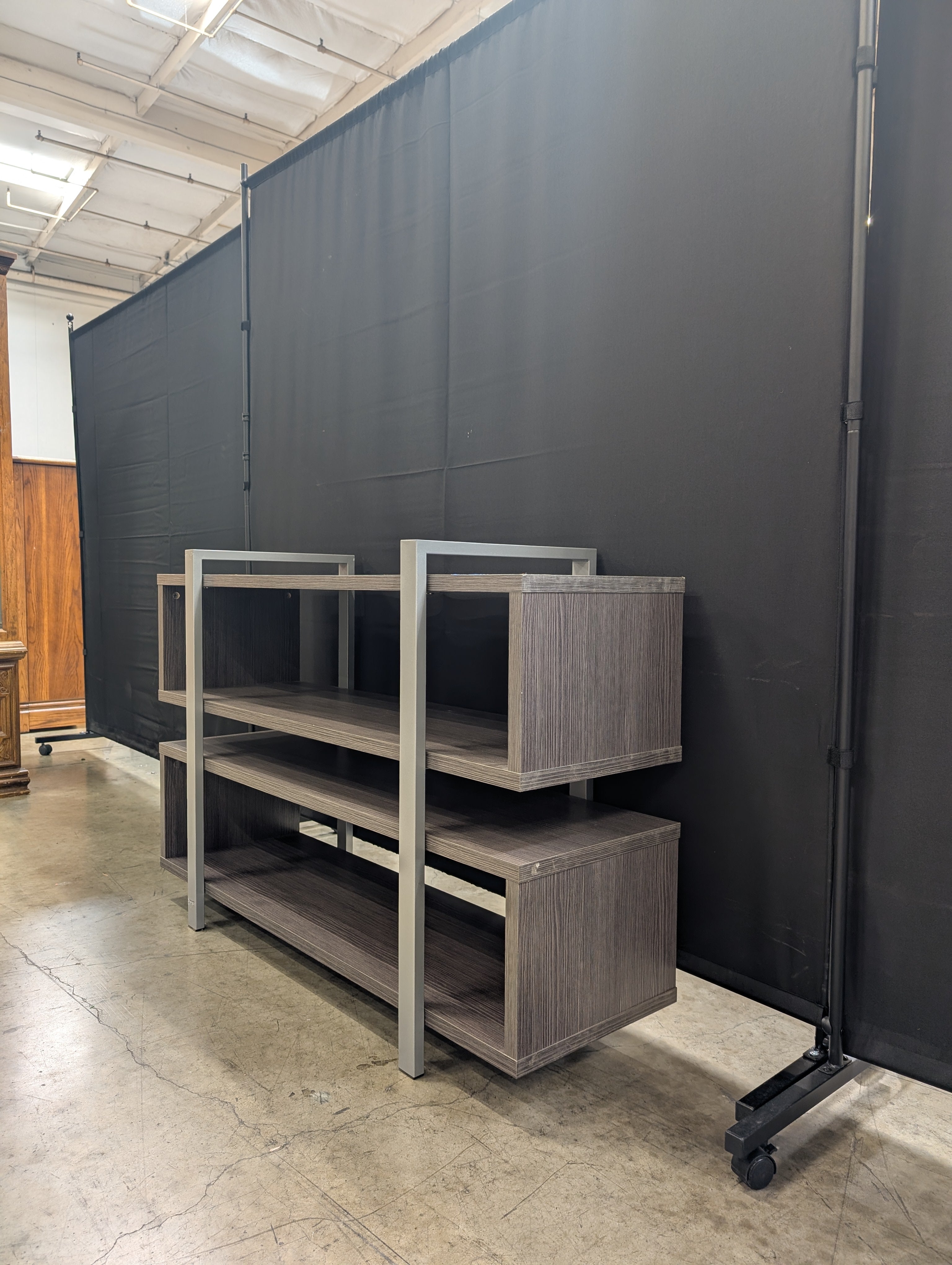 Modern Three-Tier Media Console Shelf with Metal Accents