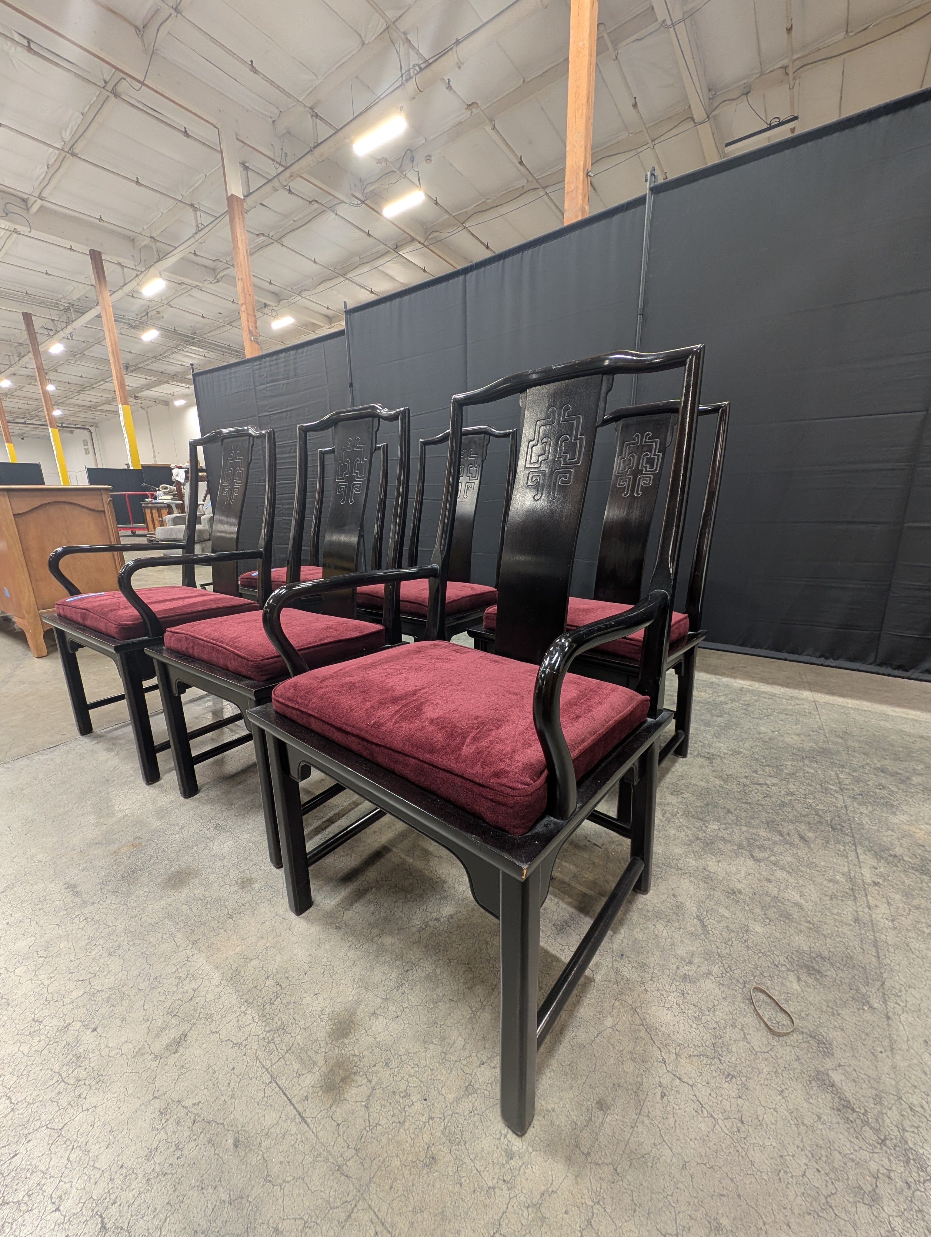 Set of Six Century Furniture INC. Black Lacquer Dining Chair with Burgundy
