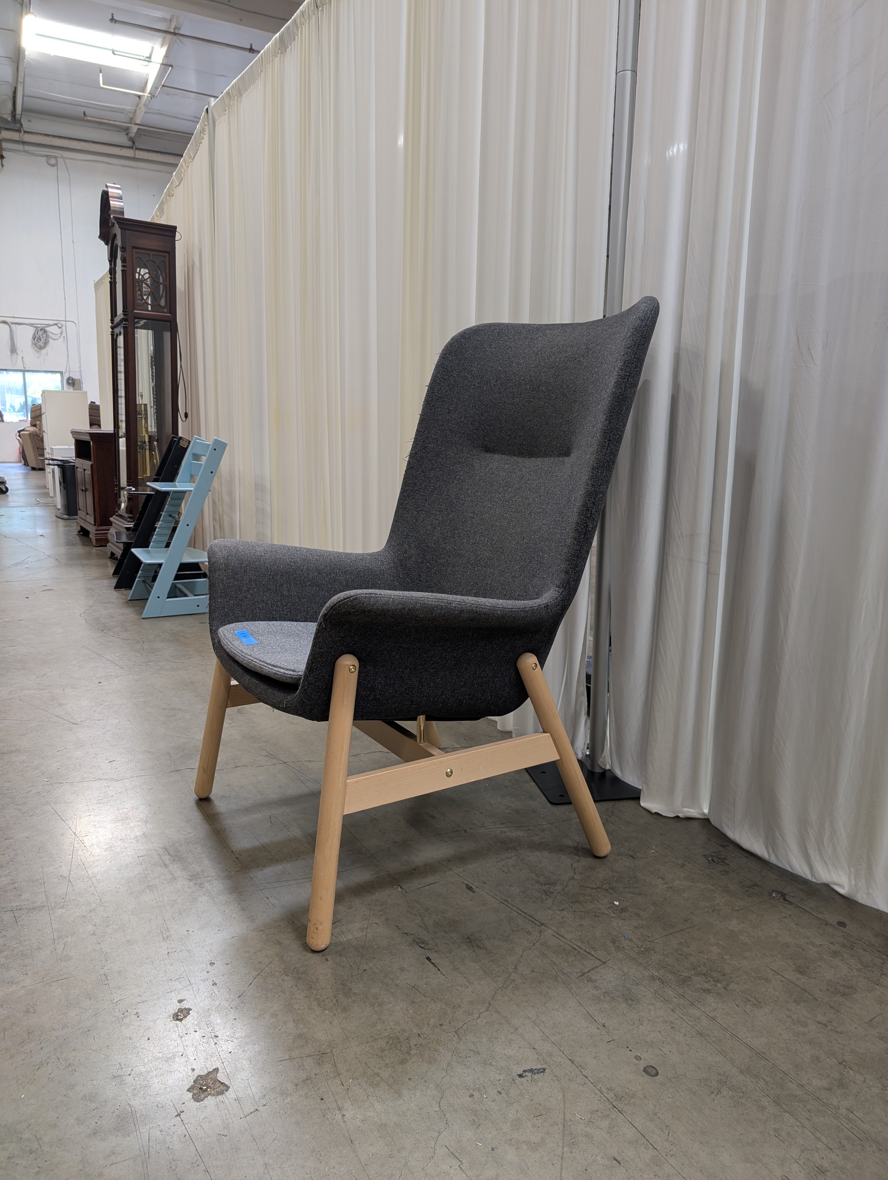 High-Back Charcoal Fabric Accent Chair with Wood Legs