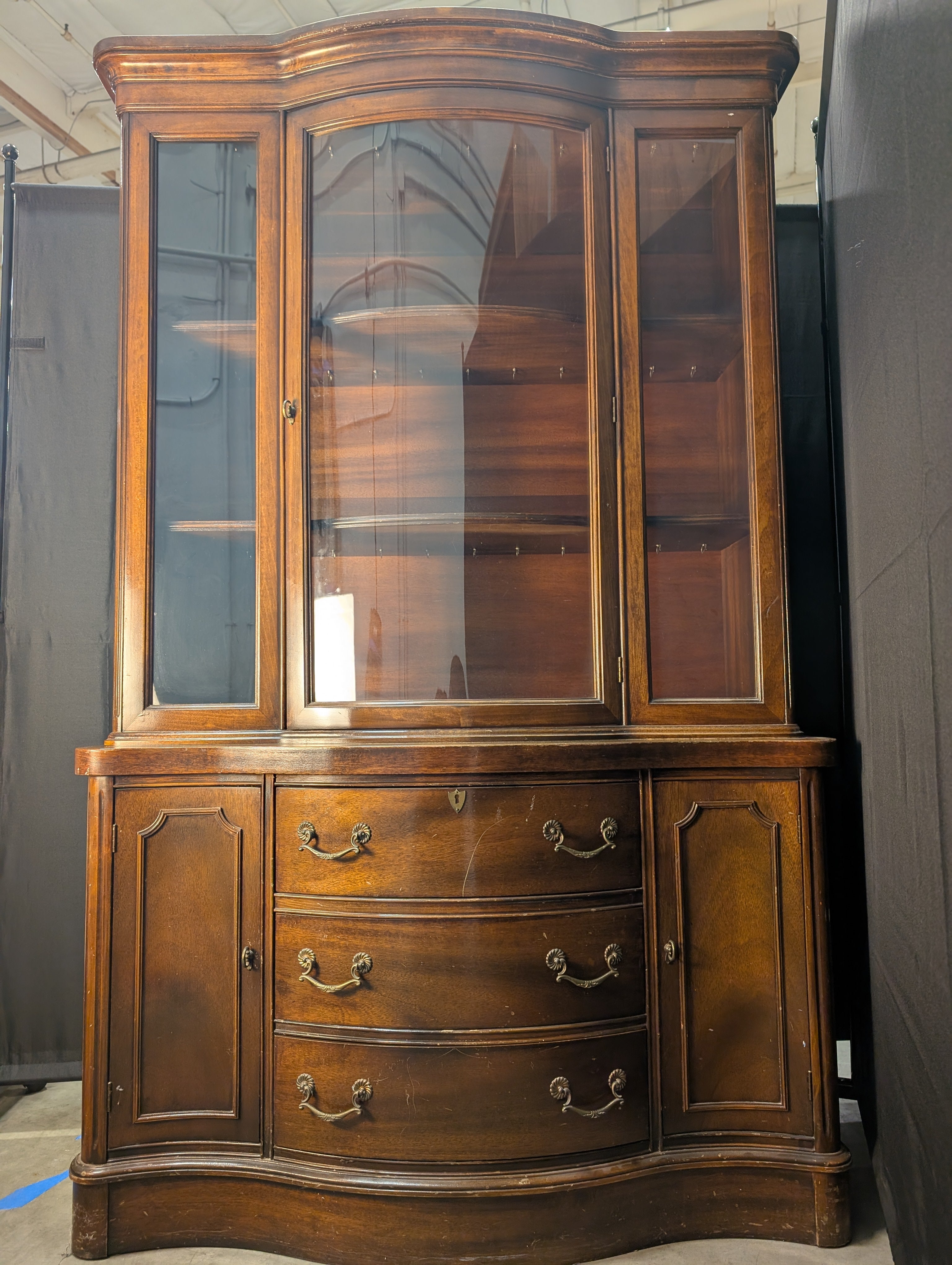 Curved Hardwood China Cabinet with Glass Doors
