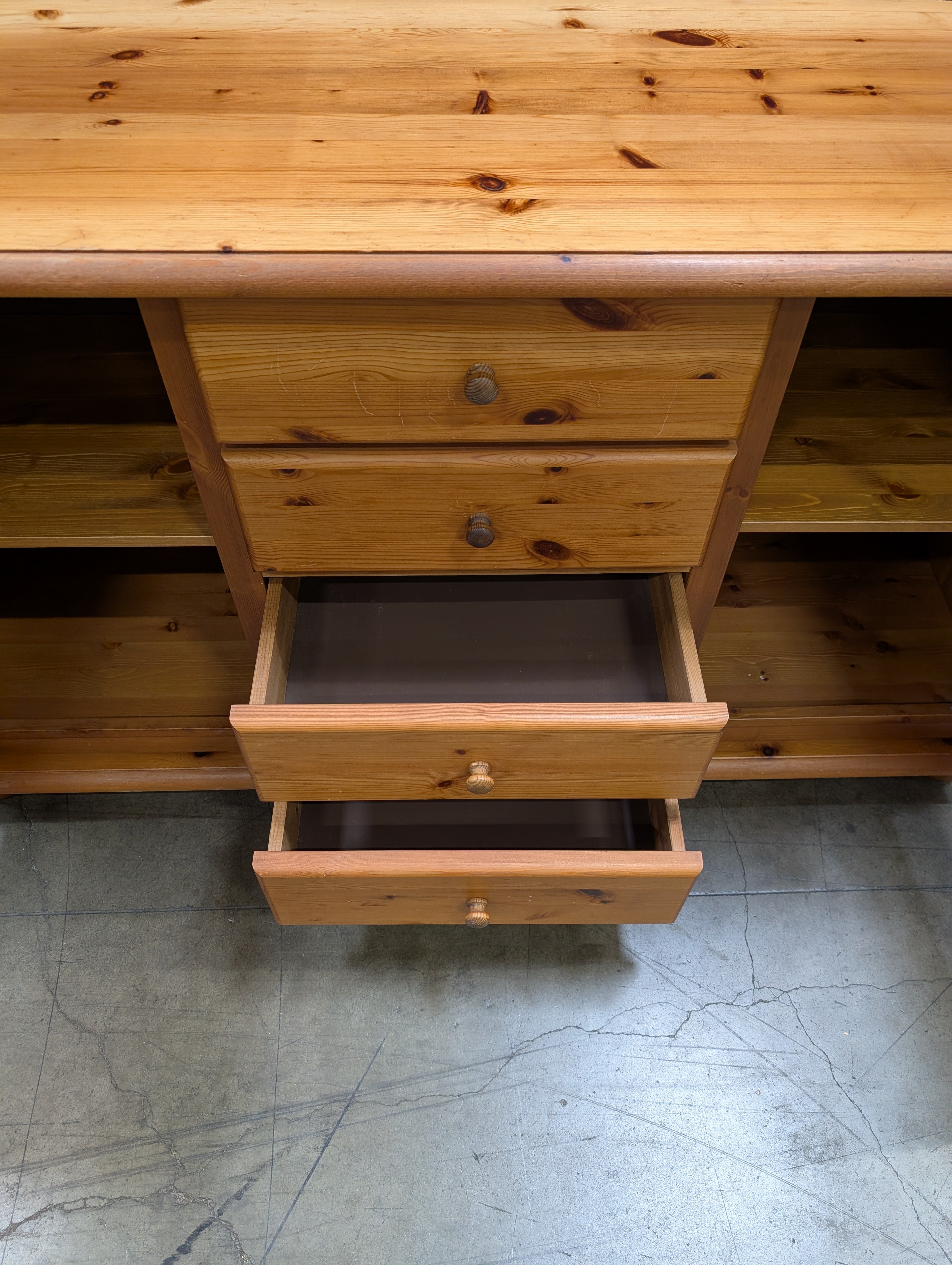 Rustic Pine Wood Sideboard with Cabinets and Drawers