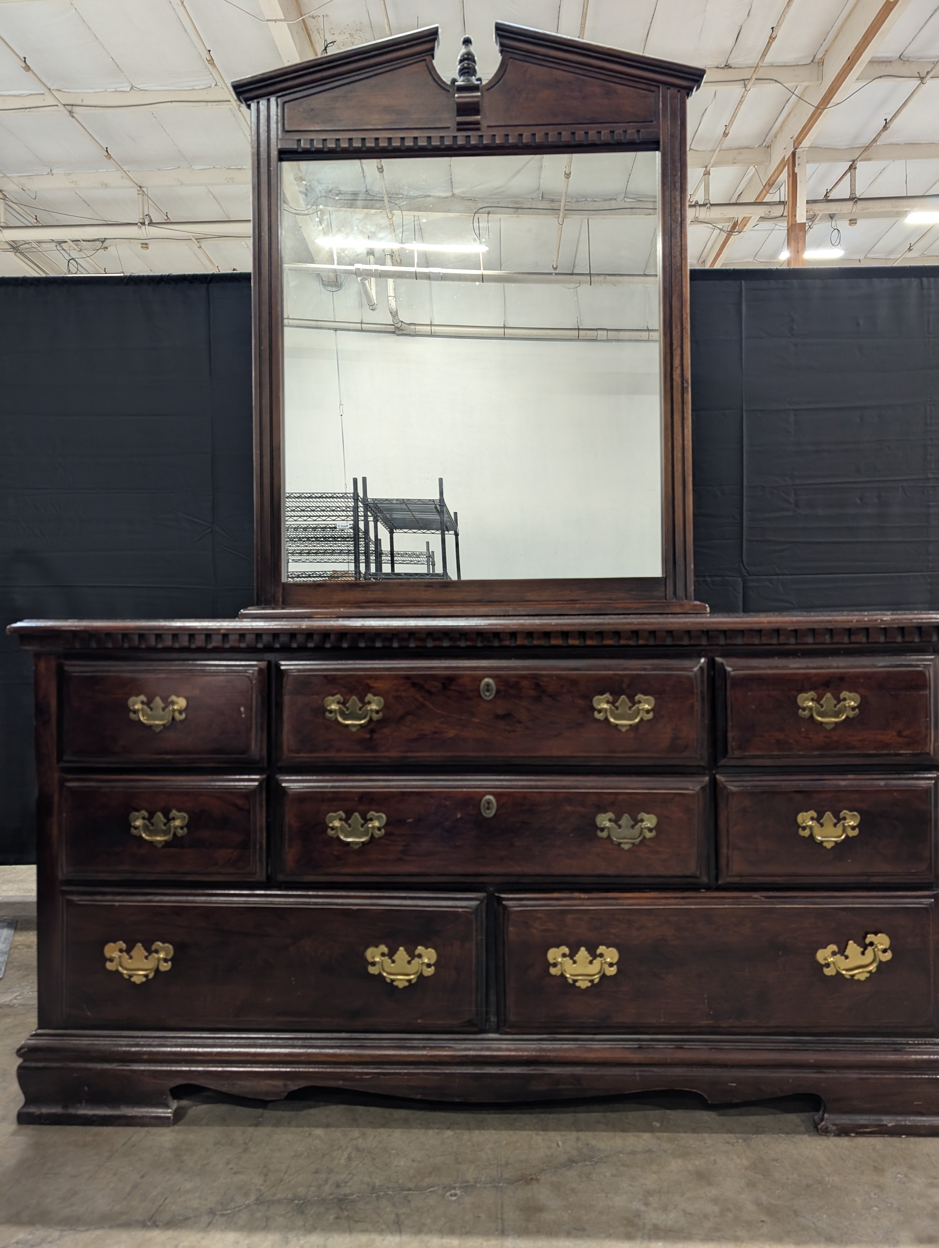 Classic Dark Wood Dresser with Rectangular Mirror
