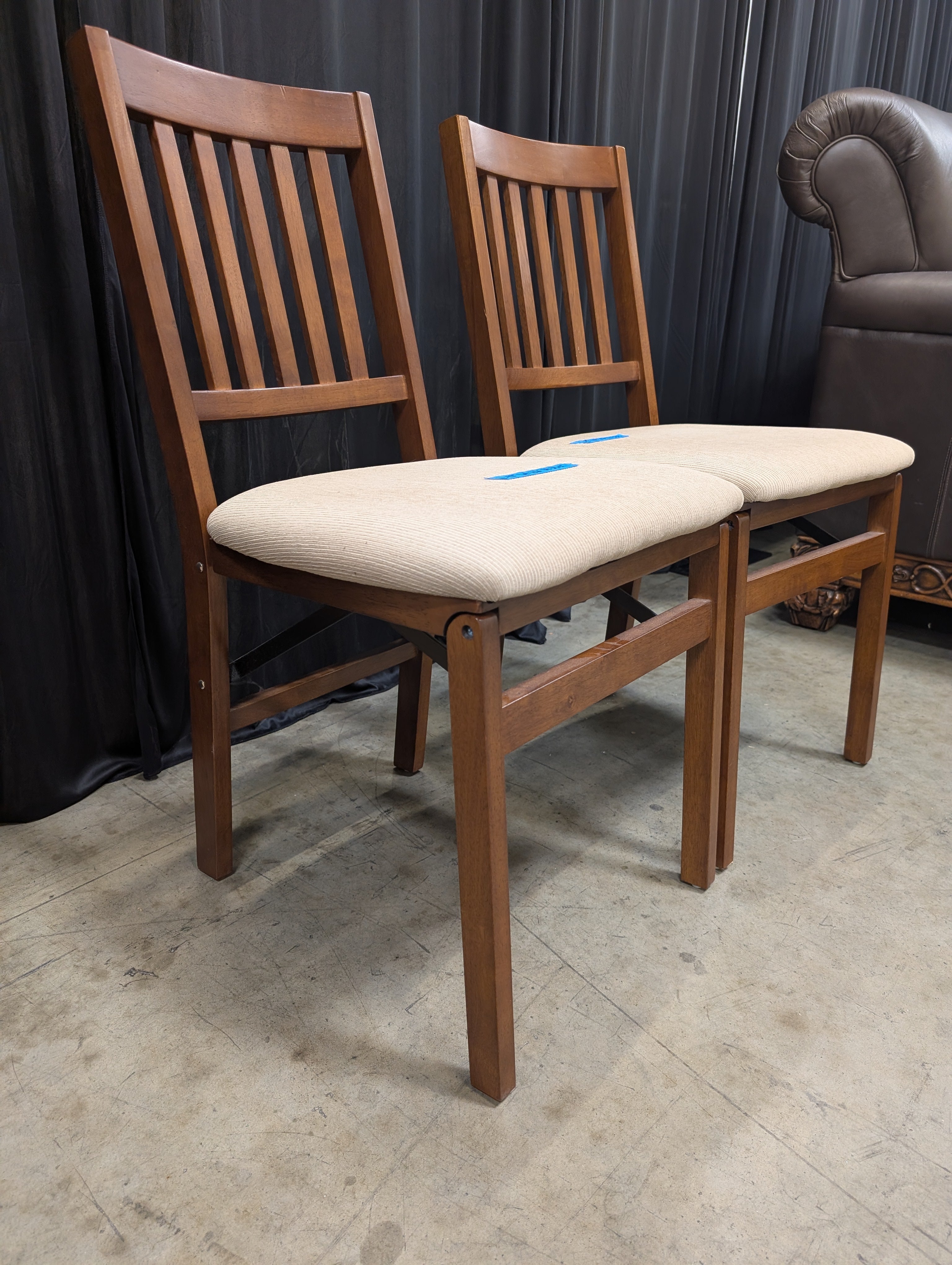 Pair of Slatted Wood Folding chairs Chair with Upholstered Seat