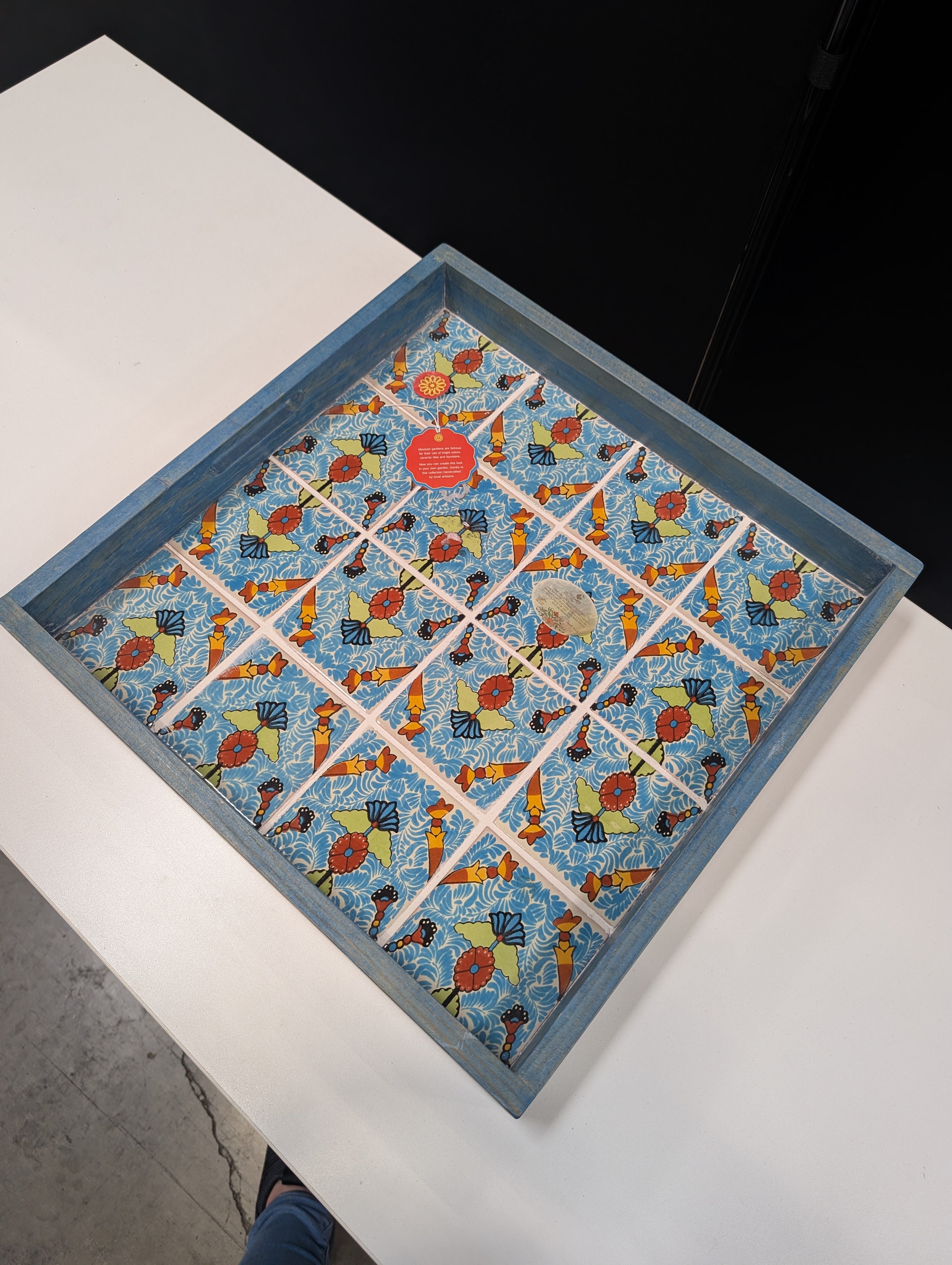 Handcrafted Mexican Ceramic Tile & Wood Serving Tray with Vibrant Floral Motif