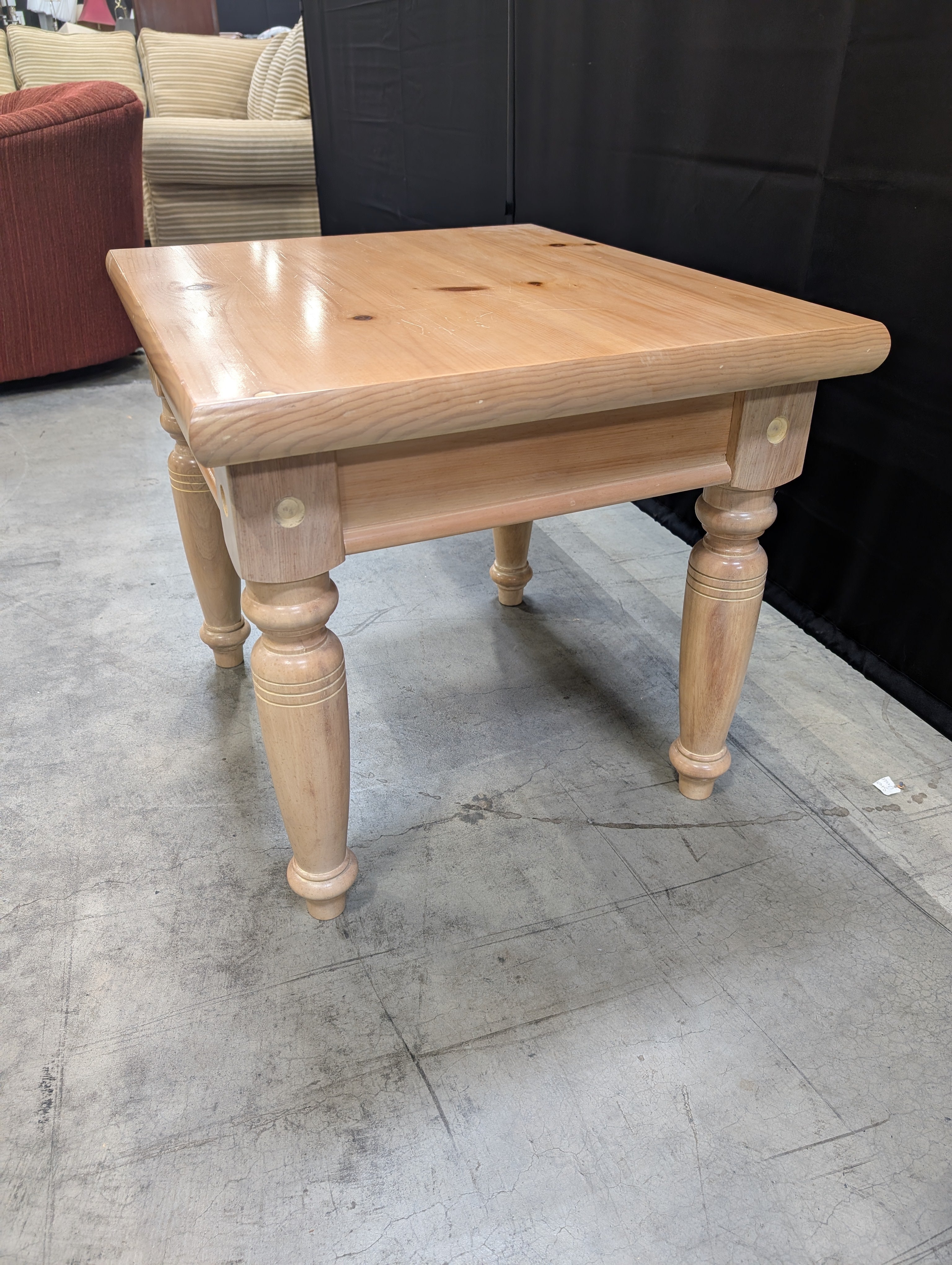 Natural Pine Wood Side Table with Turned Legs