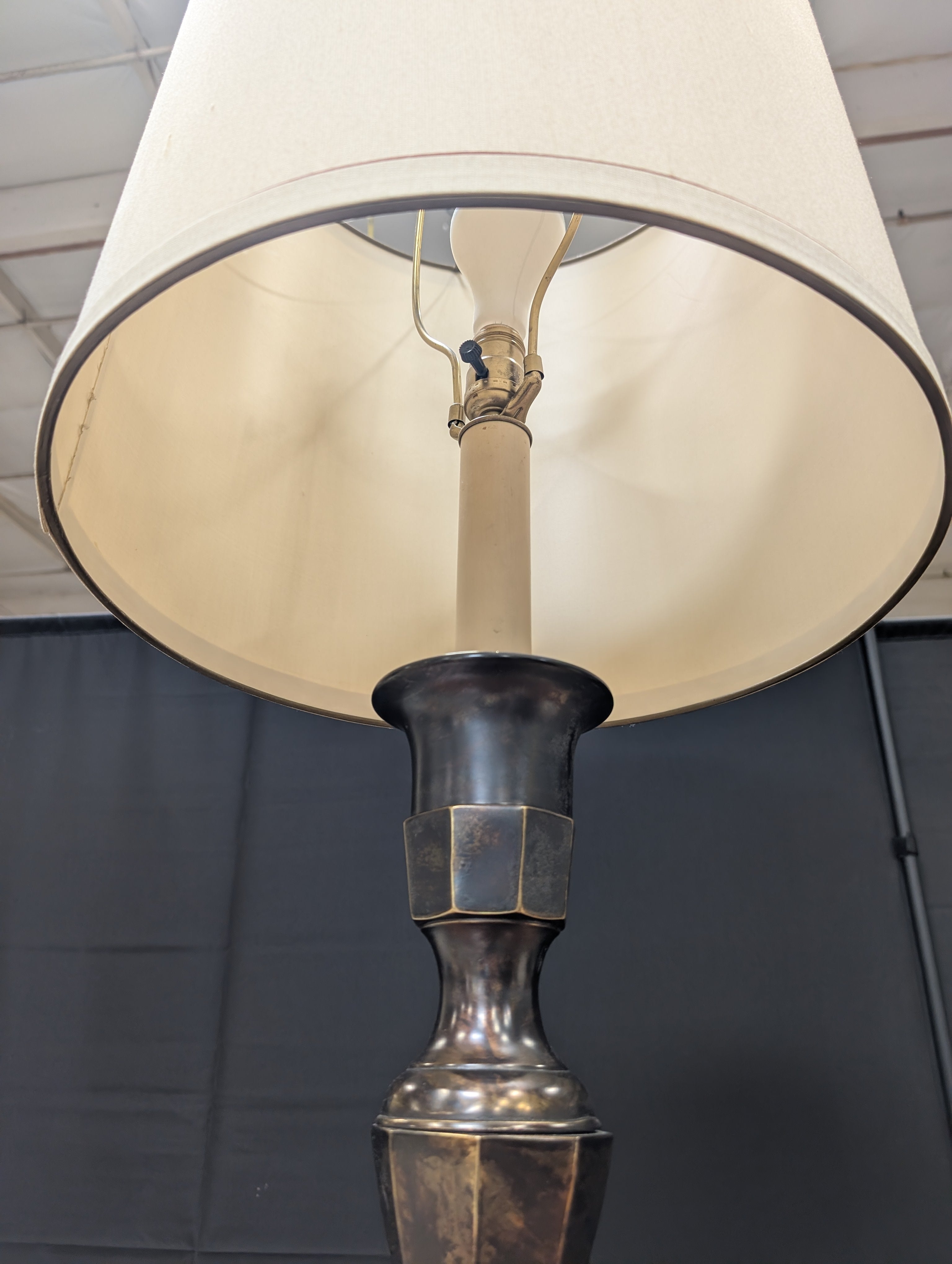 Traditional Dark Tone Table Lamp with Cream Drum Shade